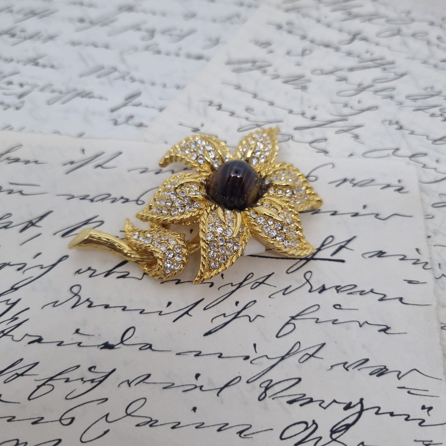 Einzigartige Art Jugendstil Vintage Brosche Antik 50er Jahre Gold Strass Braun Blume