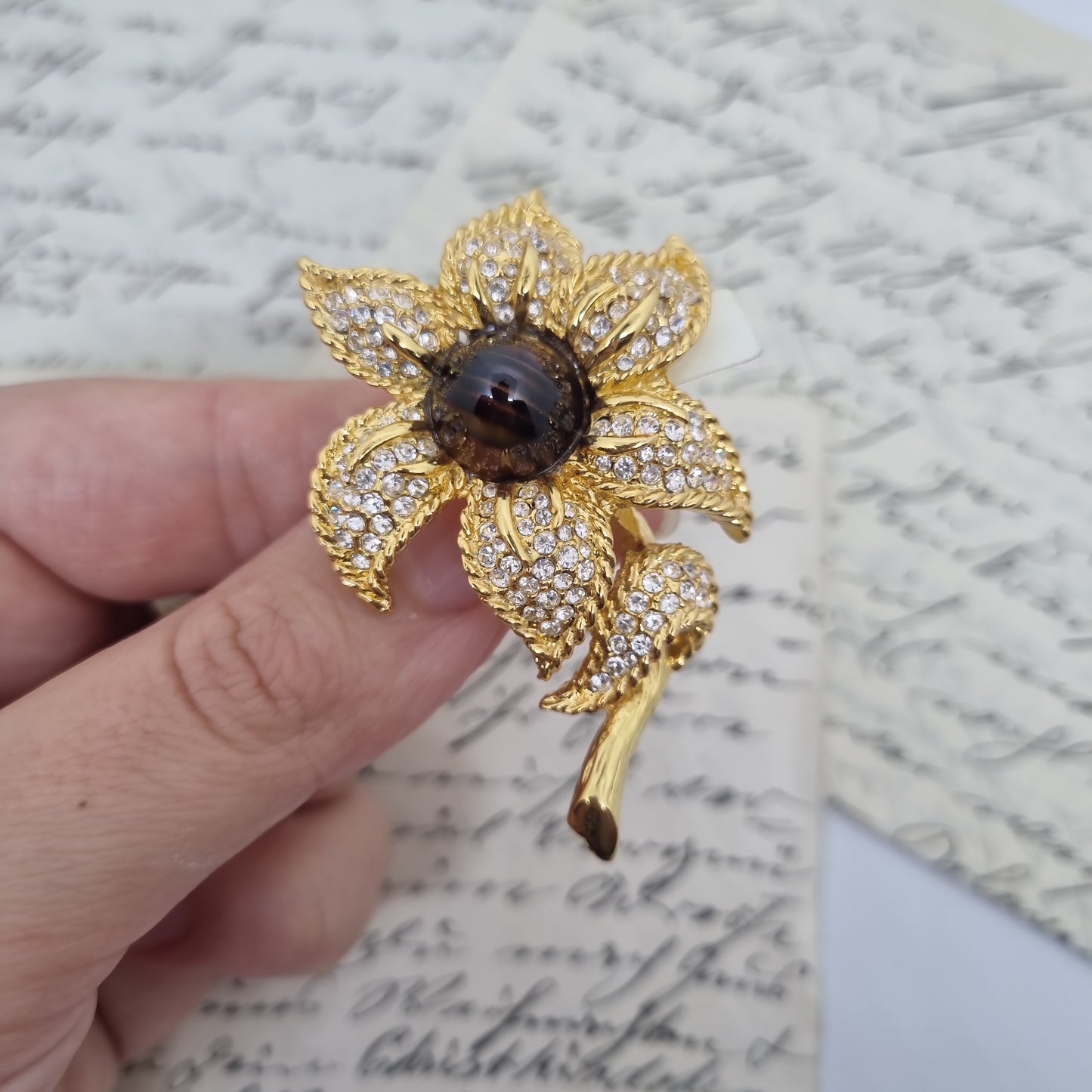 Einzigartige Art Jugendstil Vintage Brosche Antik 50er Jahre Gold Strass Braun Blume
