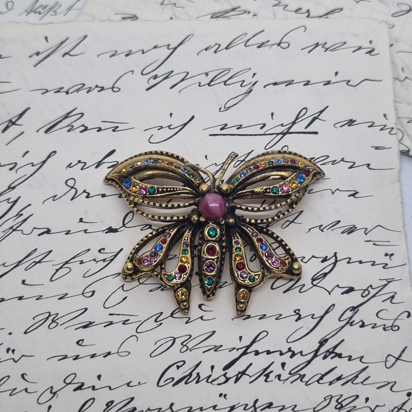 Einzigartige Vintage Brosche Antik 50er Jahre Art Jugendstil Schmetterling Gold Strass