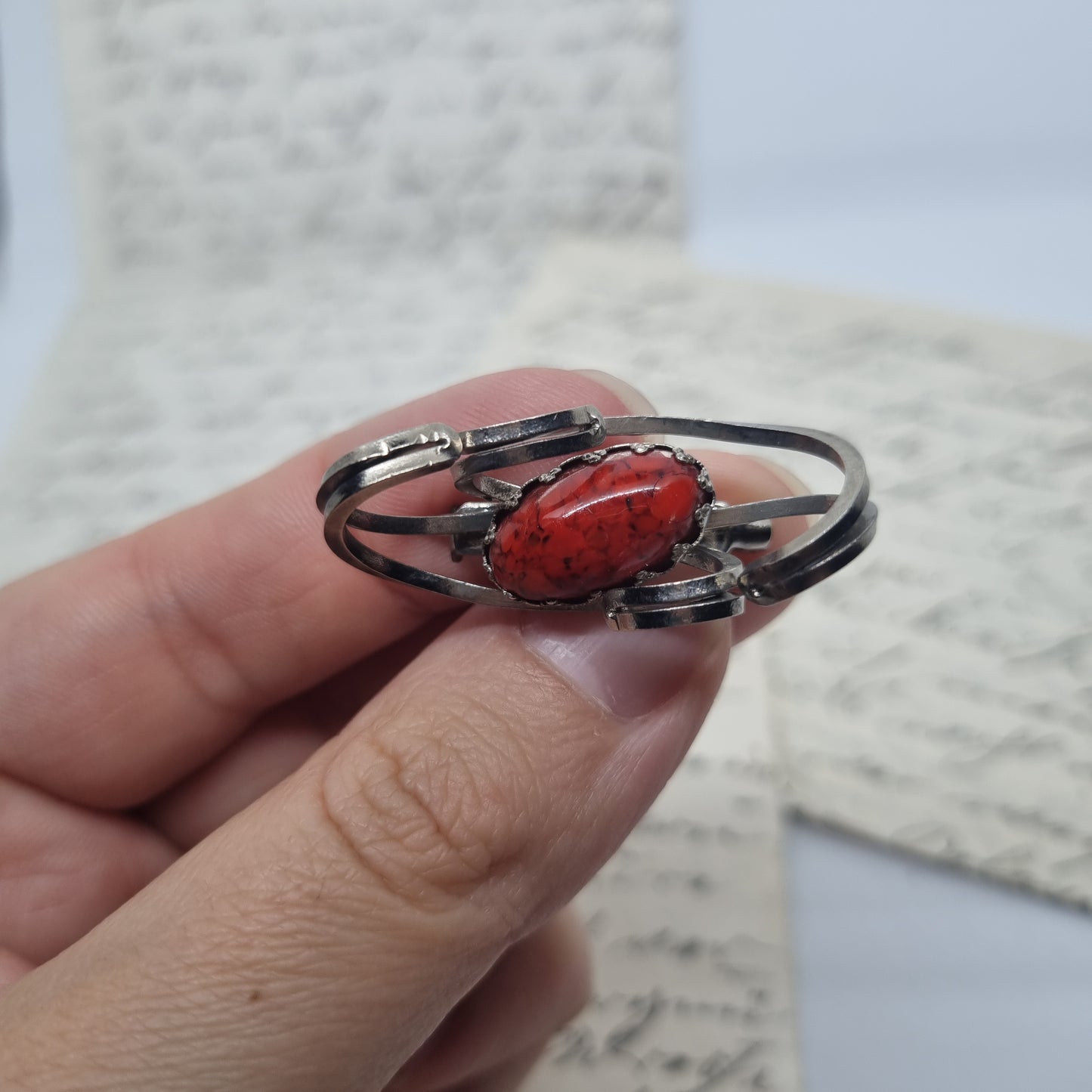 Einzigartige Vintage Brosche Antik 50er Jahre Art Jugendstil Silber Rot