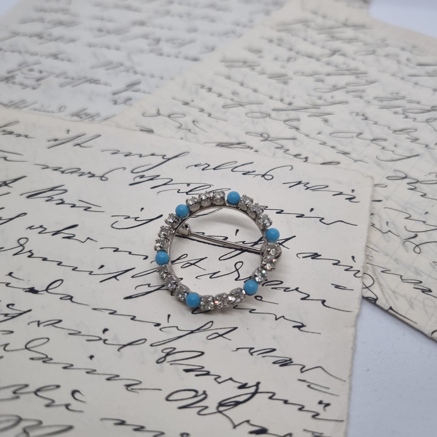 Einzigartige Vintage Brosche Antik 50er Jahre Ring Art Jugendstil Strass Blau
