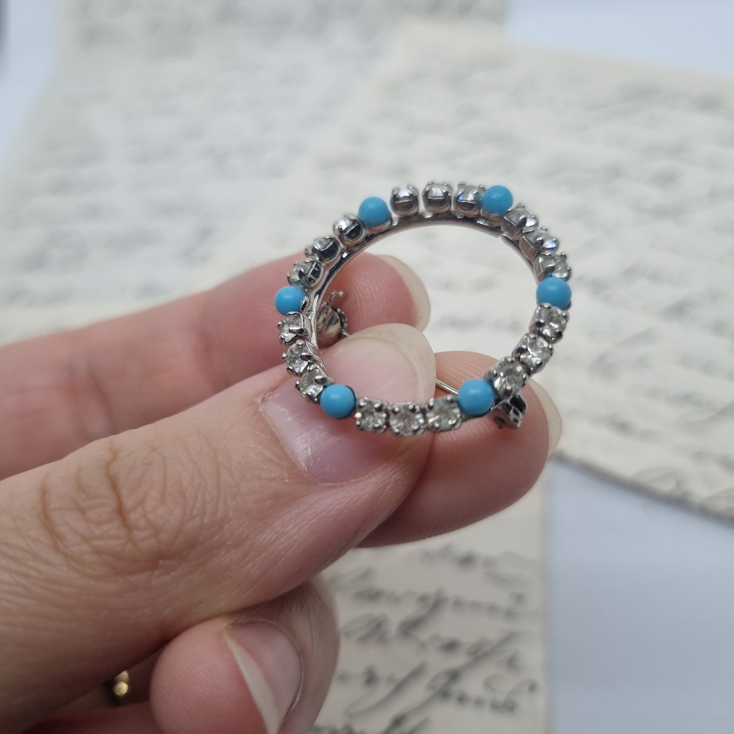 Einzigartige Vintage Brosche Antik 50er Jahre Ring Art Jugendstil Strass Blau
