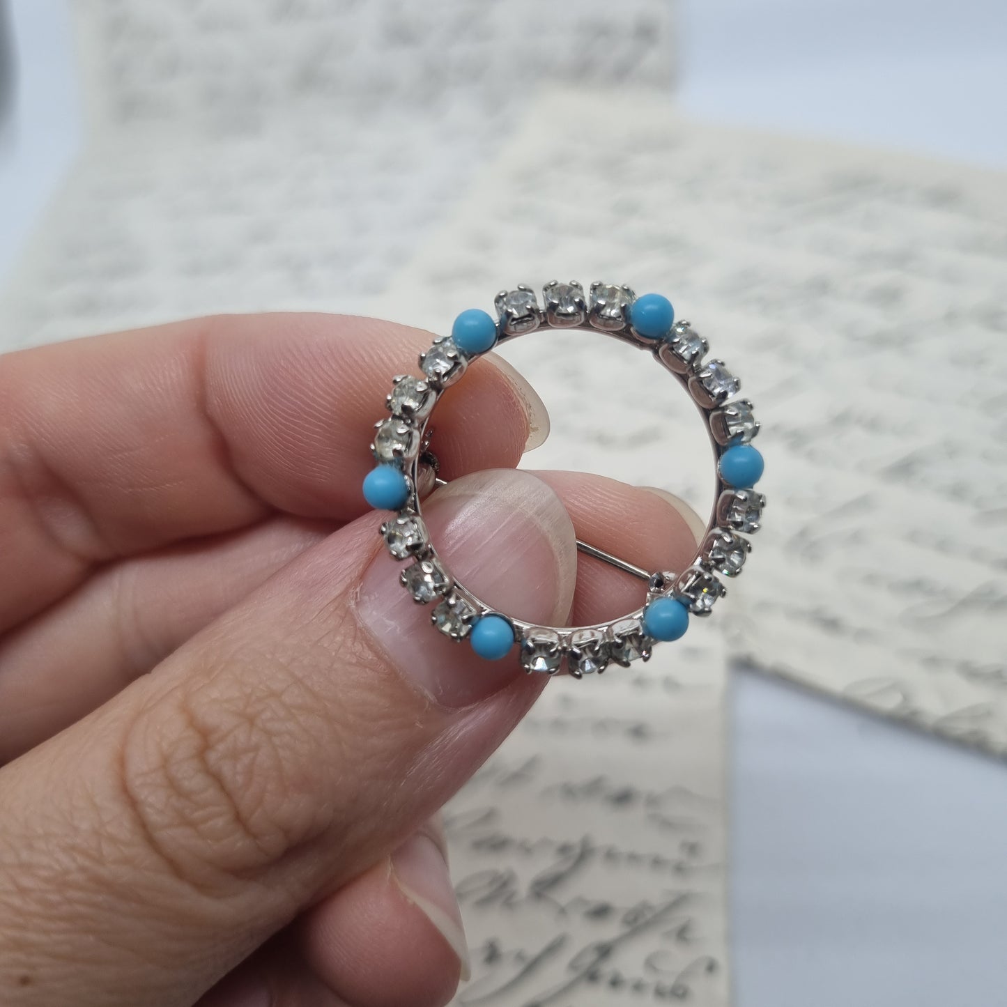 Einzigartige Vintage Brosche Antik 50er Jahre Ring Art Jugendstil Strass Blau