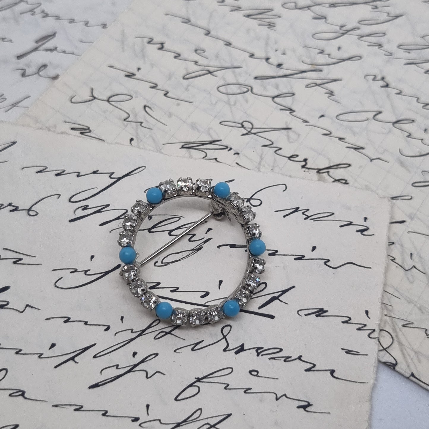 Einzigartige Vintage Brosche Antik 50er Jahre Ring Art Jugendstil Strass Blau