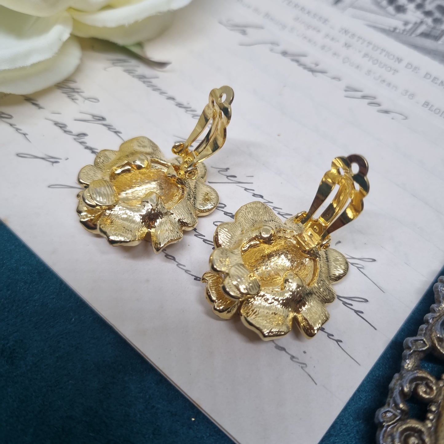 Vintage Ohrclips 50er Jahre Massive Runway Ohrringe / Made in West Germany Statement Clips Gold Strass Rose