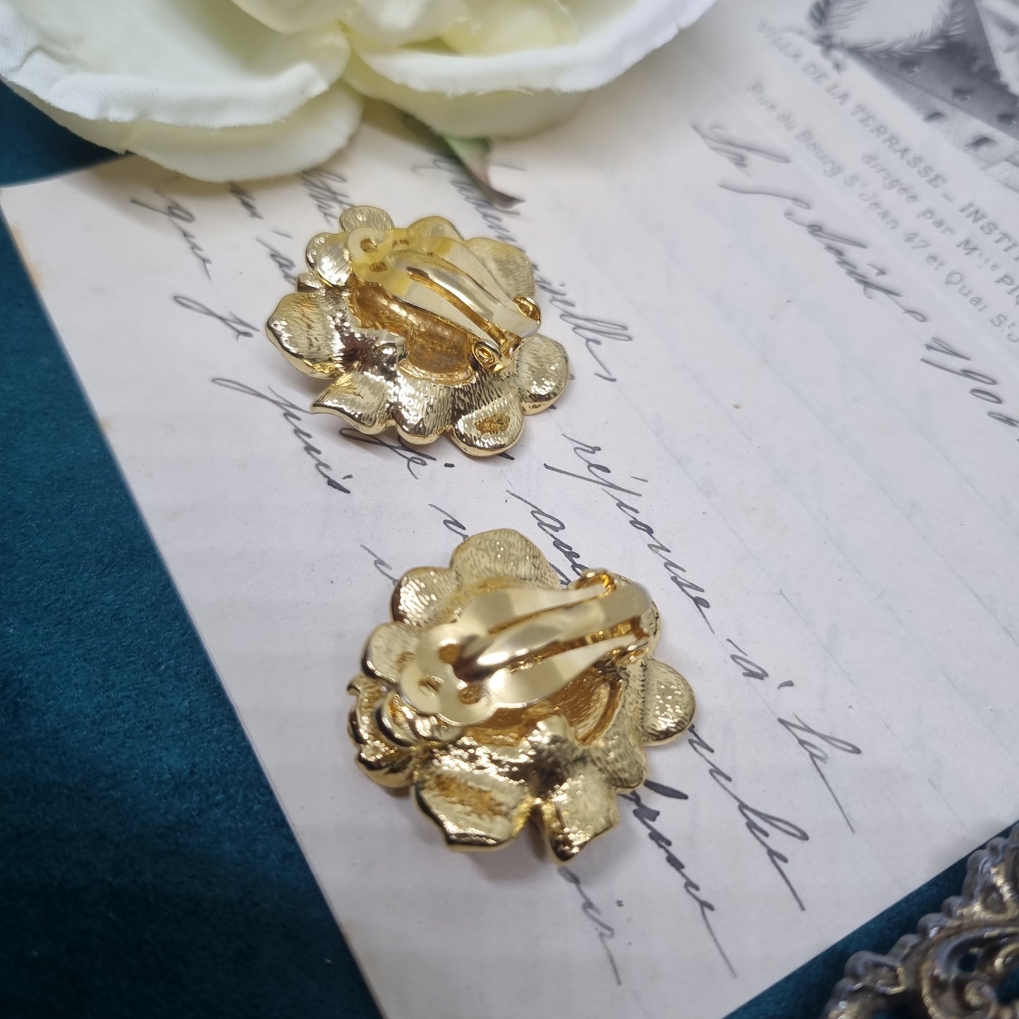 Vintage Ohrclips 50er Jahre Massive Runway Ohrringe / Made in West Germany Statement Clips Gold Strass Rose