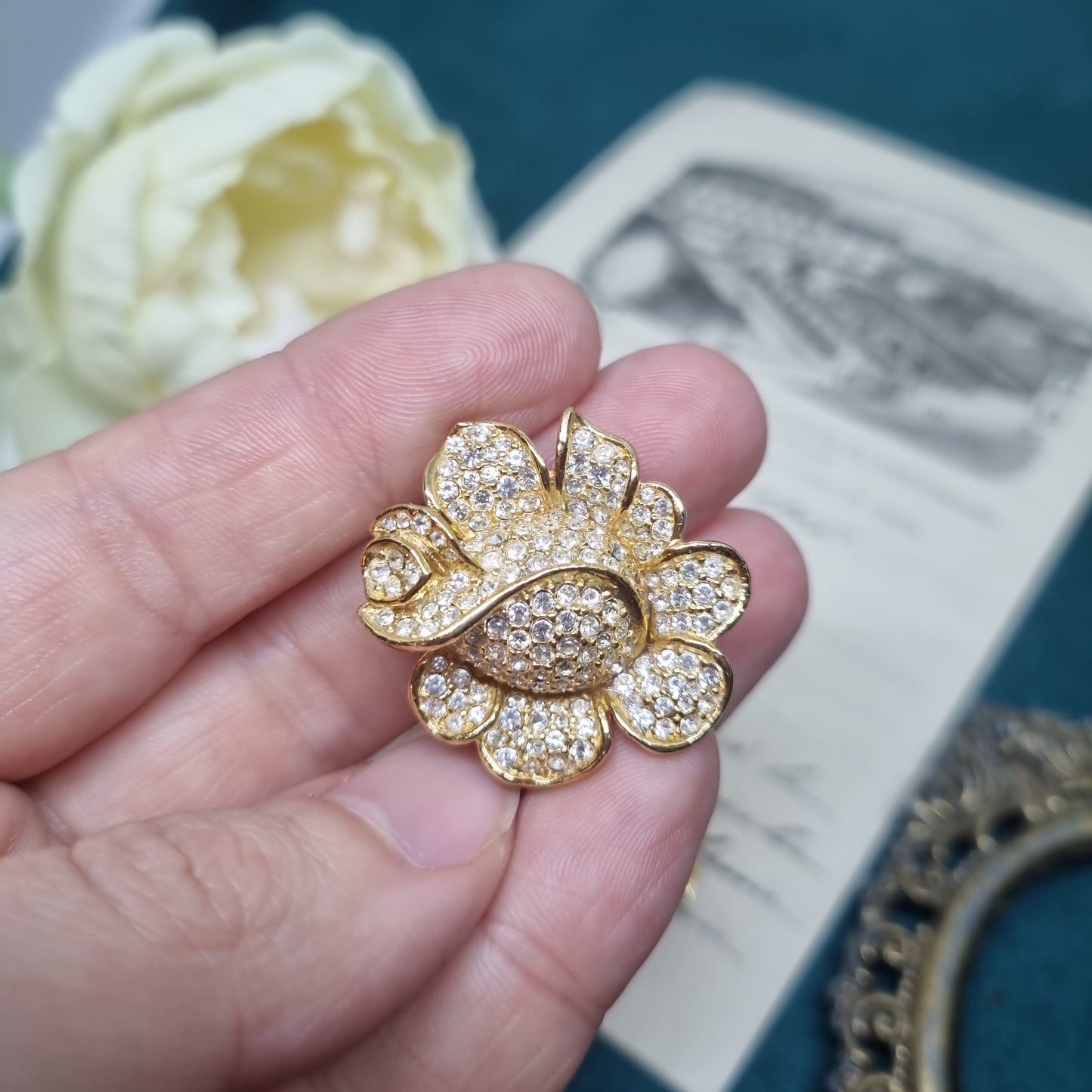 Vintage Ohrclips 50er Jahre Massive Runway Ohrringe / Made in West Germany Statement Clips Gold Strass Rose
