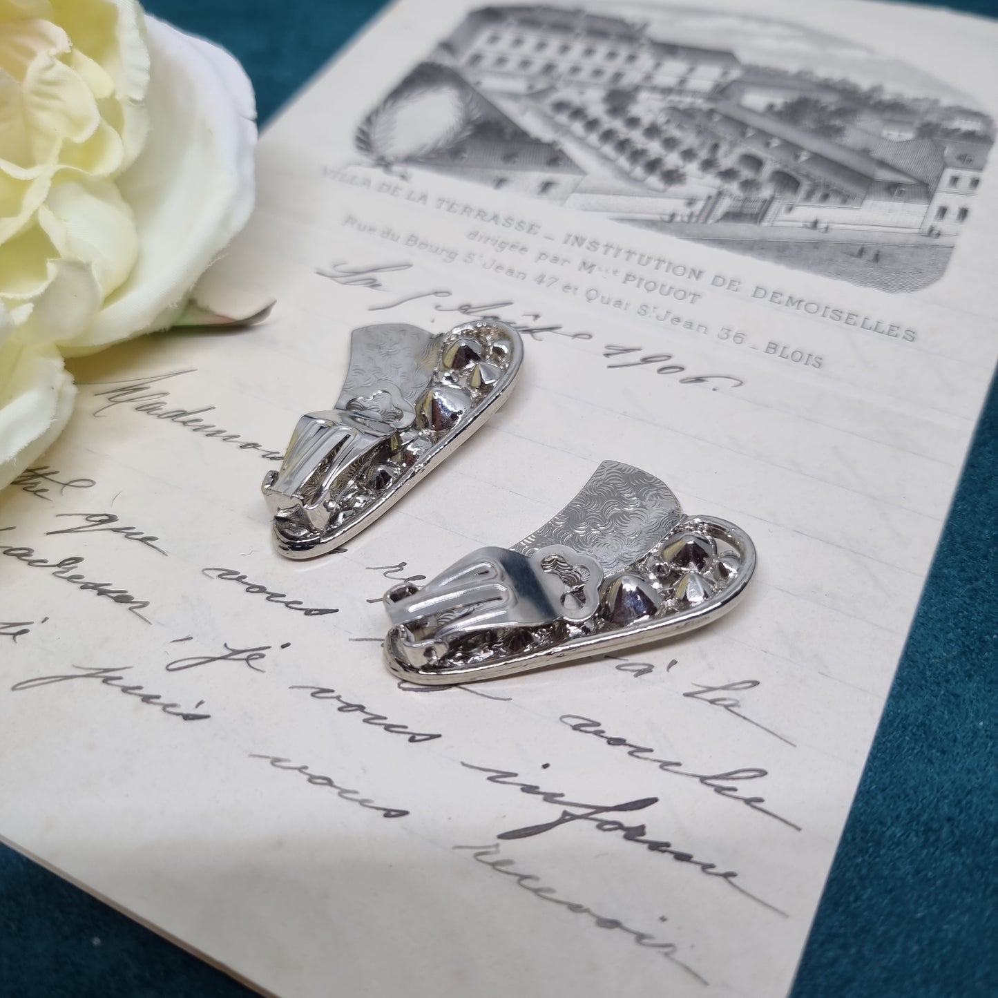 Vintage Ohrclips 50er Jahre Massive Runway Ohrringe / Made in West Germany Statement Clips Silber Strass schwarz