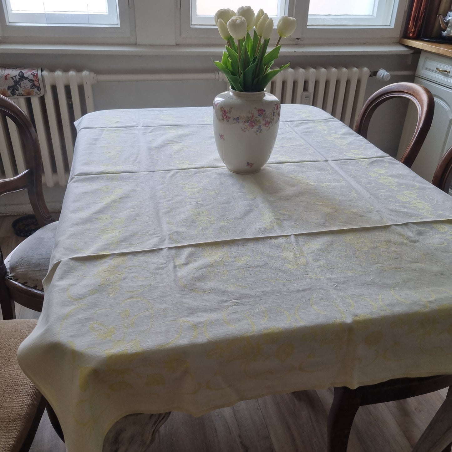 Retro Vintage Tischdecke Damast Pastellgelb 95x150cm Baumwolle 🤍