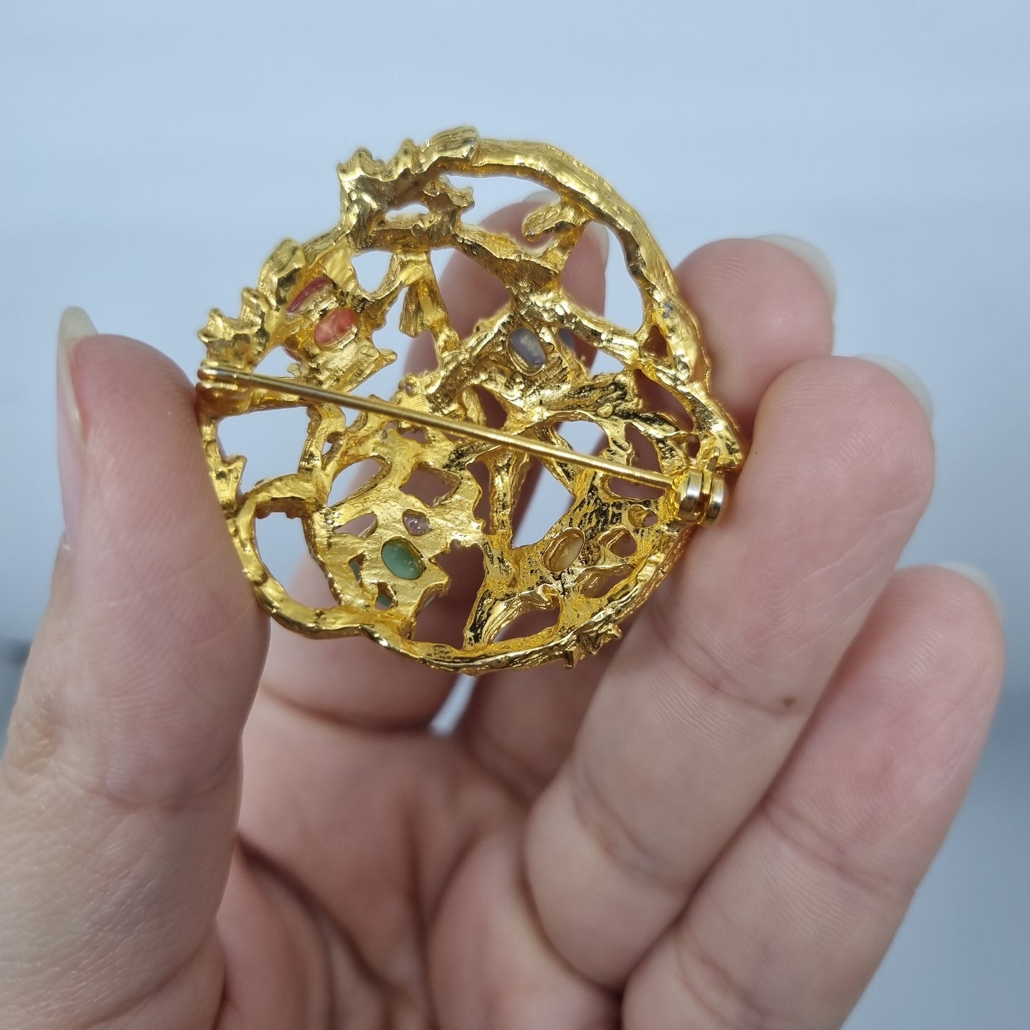 Einzigartige große Antike Brosche aus den 50ern Modeschmuck Gold Pastel Strass "Eish of life"