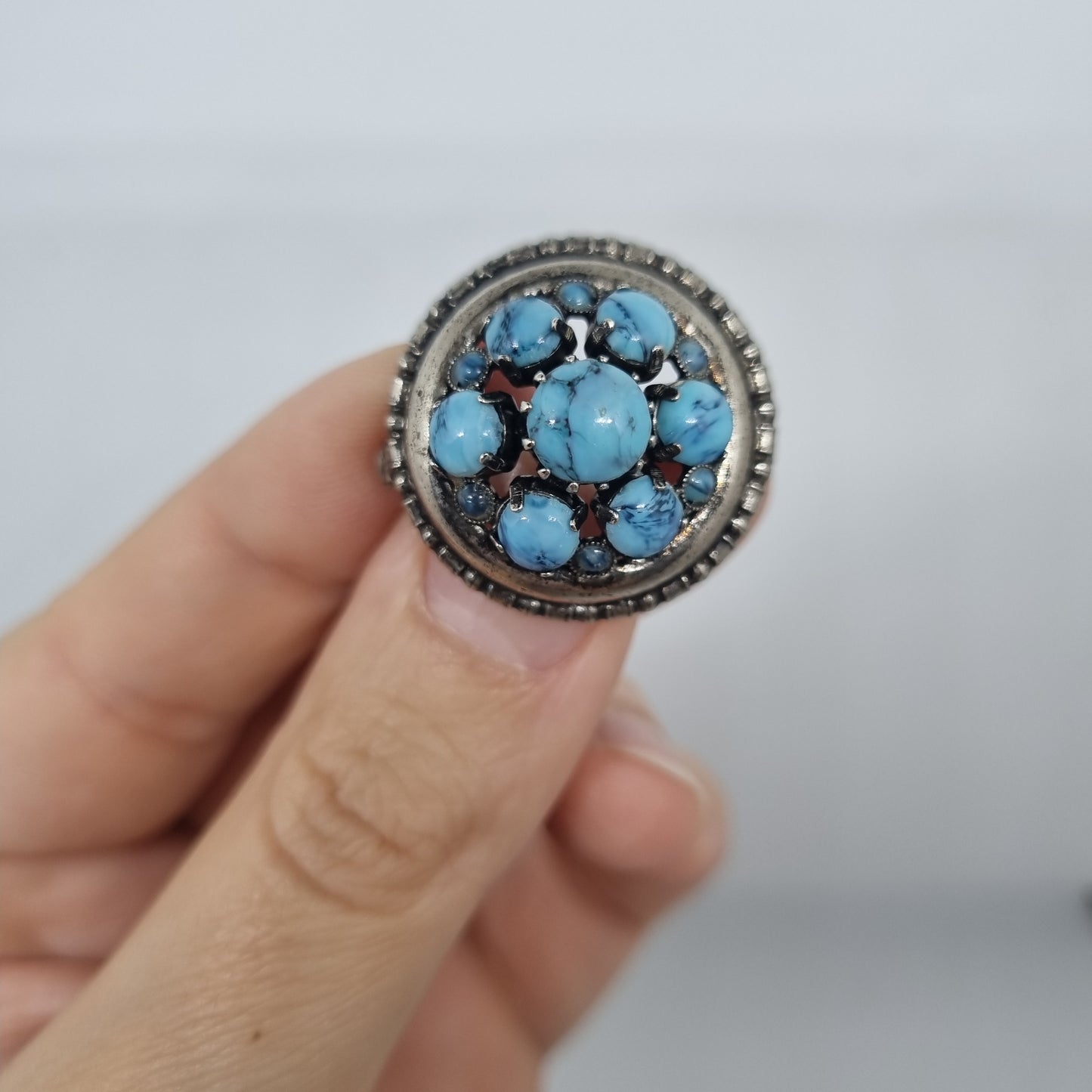 Einzigartige Antik Brosche aus den 50ern Modeschmuck Silber Türkis "Lady Randa"