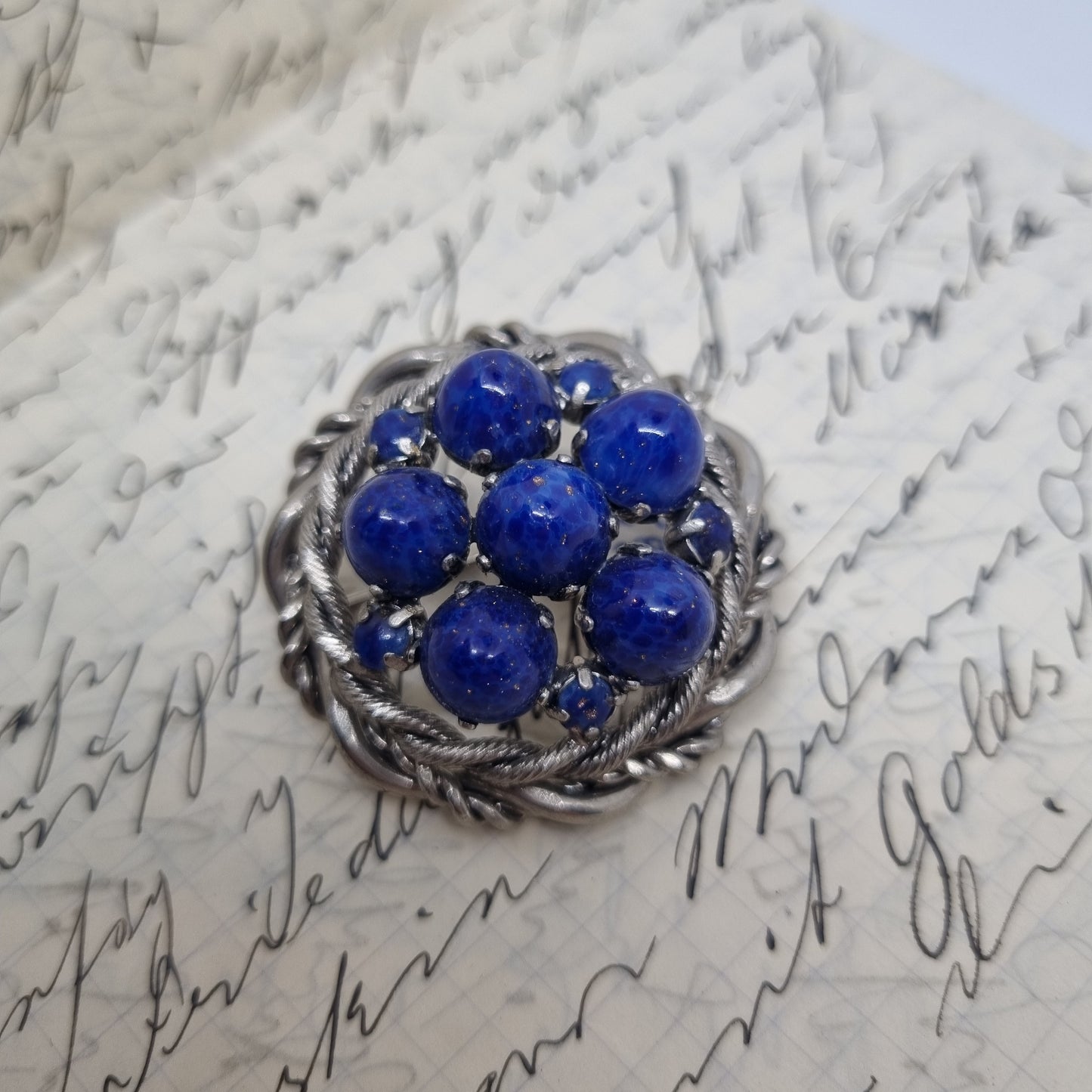 Einzigartige große Antik Brosche aus den 50ern Modeschmuck Silber Royalblau "Lady Midnight"