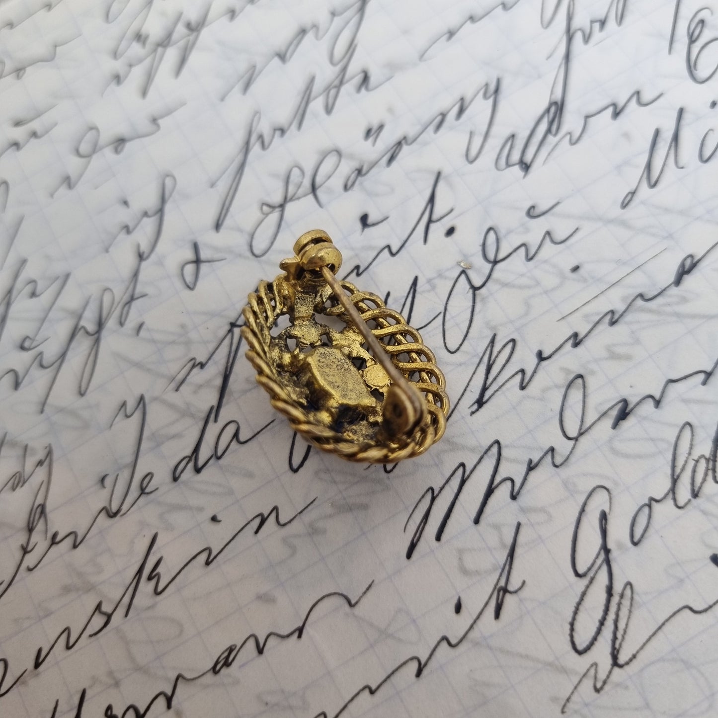 Einzigartige Antik Brosche aus den 50ern Modeschmuck klein Gold Blau Perlen