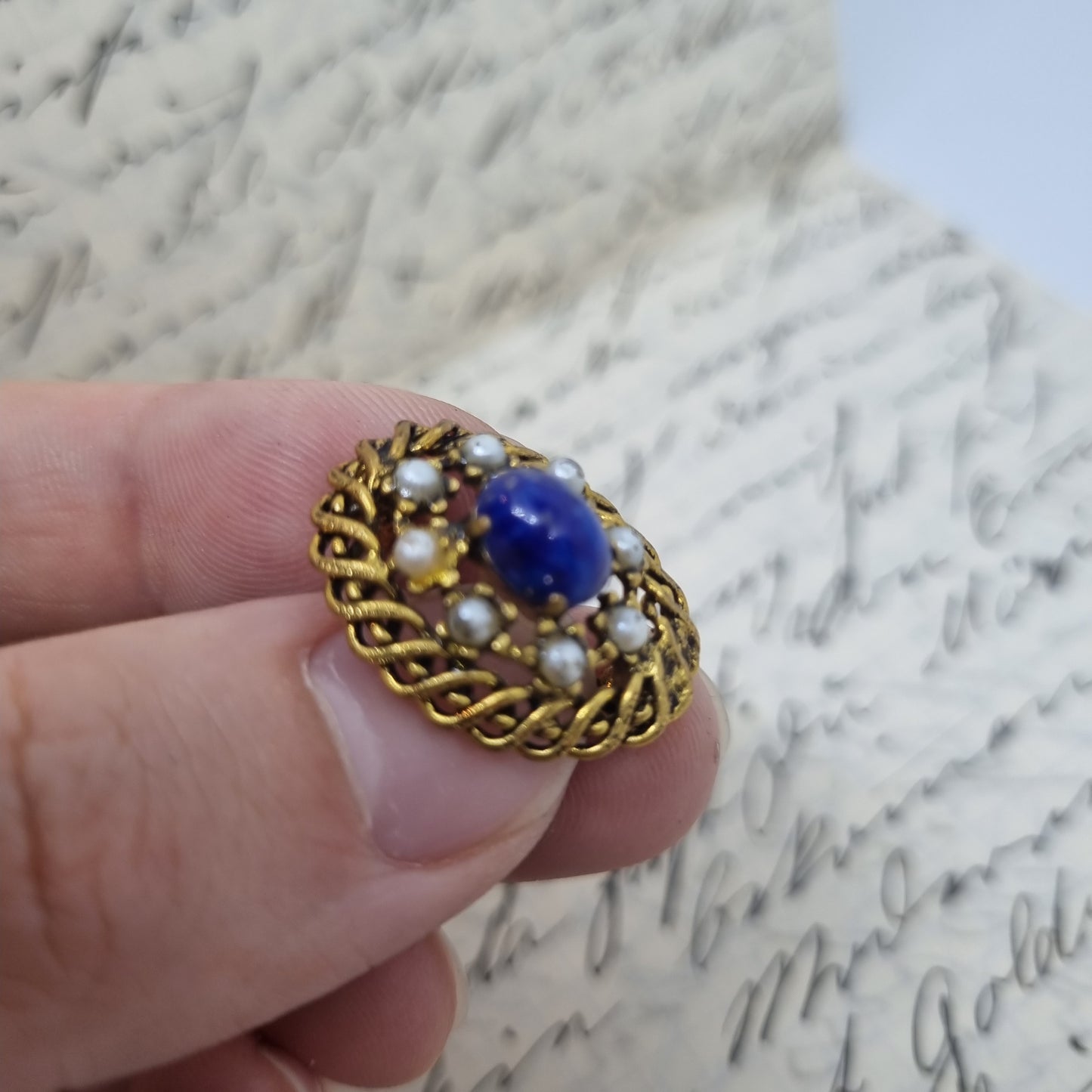 Einzigartige Antik Brosche aus den 50ern Modeschmuck klein Gold Blau Perlen