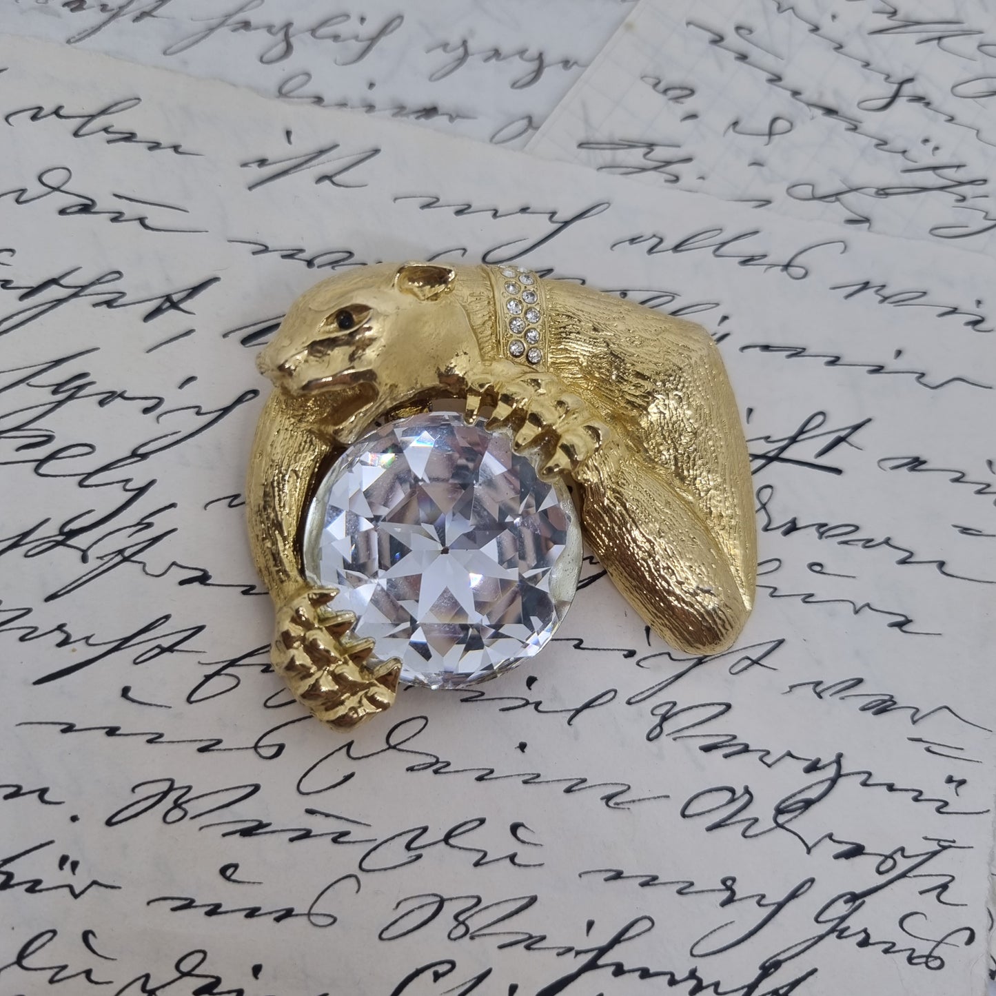 Einzigartige Vintage Brosche Antik 50er Jahre Gold Puma Raubkatze Strass Edelstein
