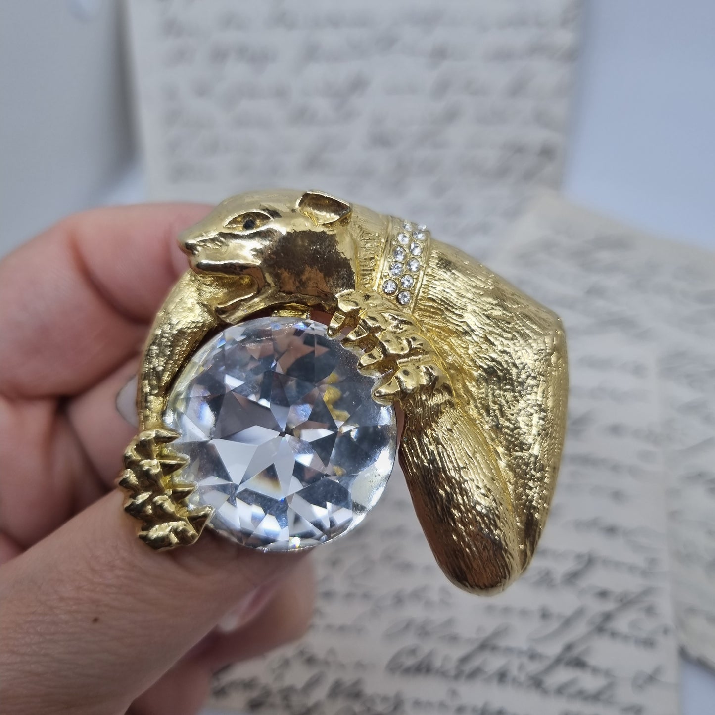 Einzigartige Vintage Brosche Antik 50er Jahre Gold Puma Raubkatze Strass Edelstein