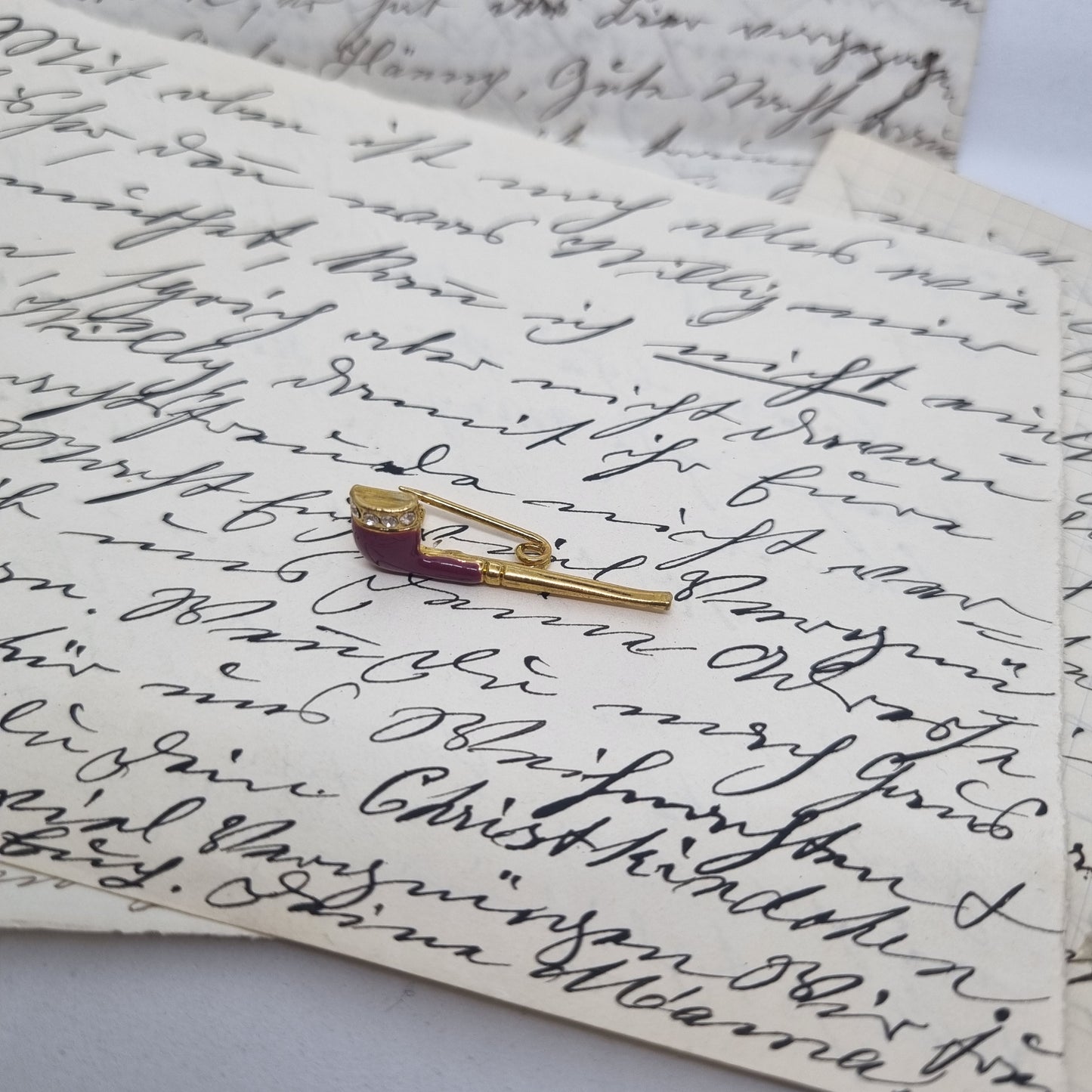Pin Pfeife Tabak Vintage Brosche Antik 50er Jahre Gold Weinrot