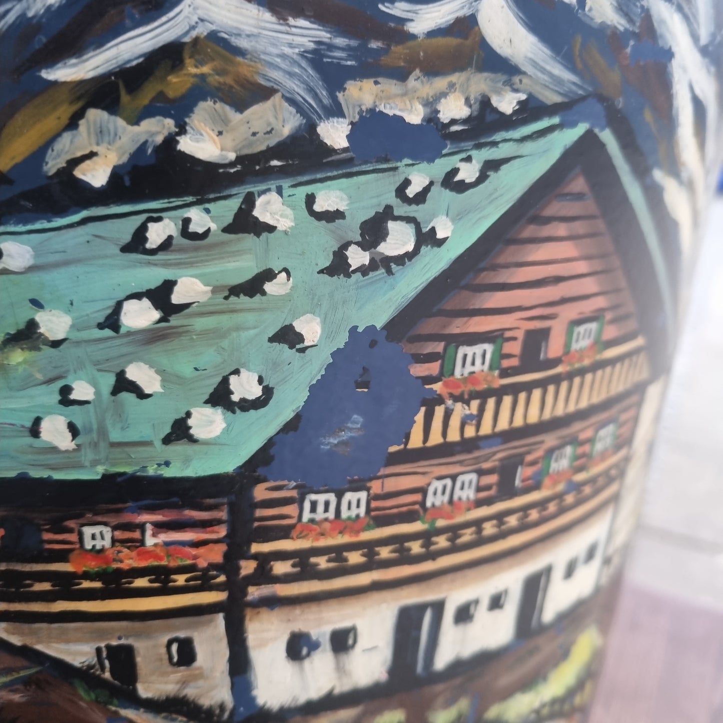 Große Milchkanne Bauern Stil Vase Dekoration Schirmständer Retro Vintage Midcentury Handbemalt Landschaft