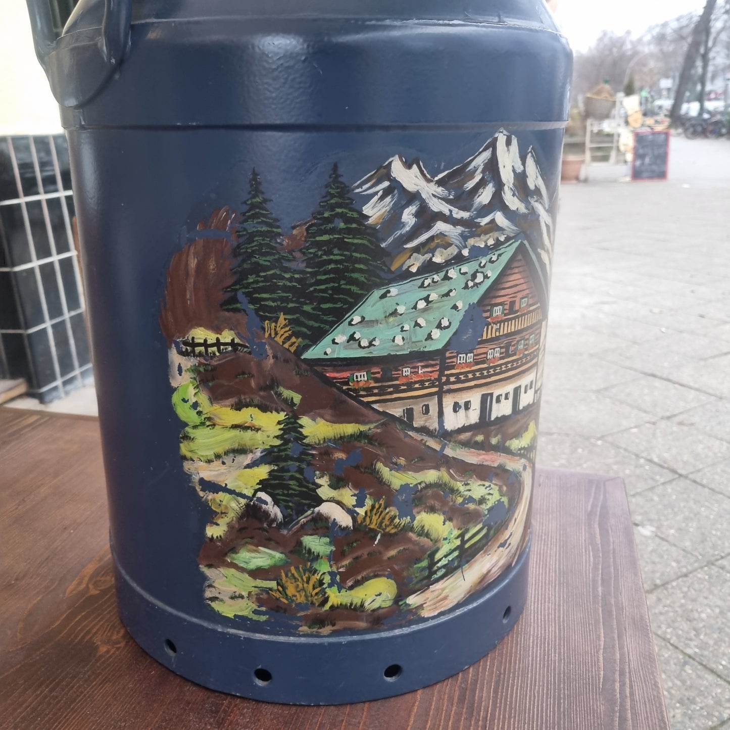 Große Milchkanne Bauern Stil Vase Dekoration Schirmständer Retro Vintage Midcentury Handbemalt Landschaft