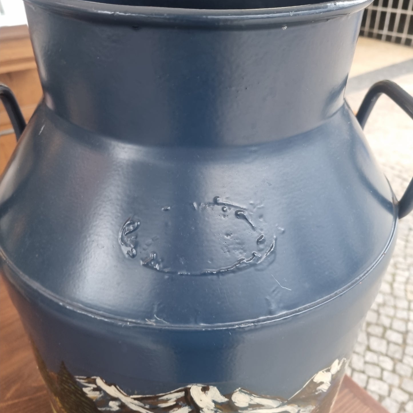 Große Milchkanne Bauern Stil Vase Dekoration Schirmständer Retro Vintage Midcentury Handbemalt Landschaft
