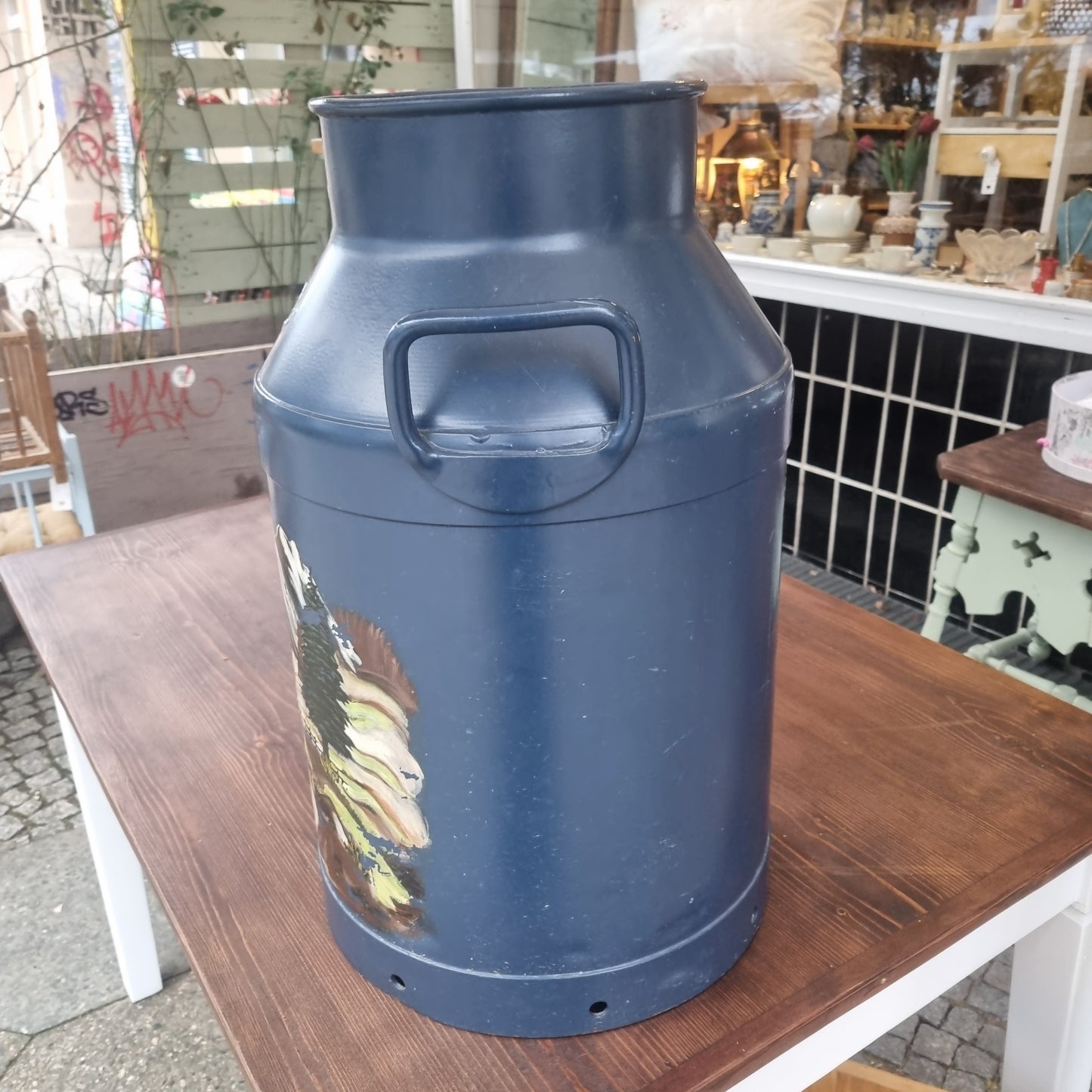 Große Milchkanne Bauern Stil Vase Dekoration Schirmständer Retro Vintage Midcentury Handbemalt Landschaft