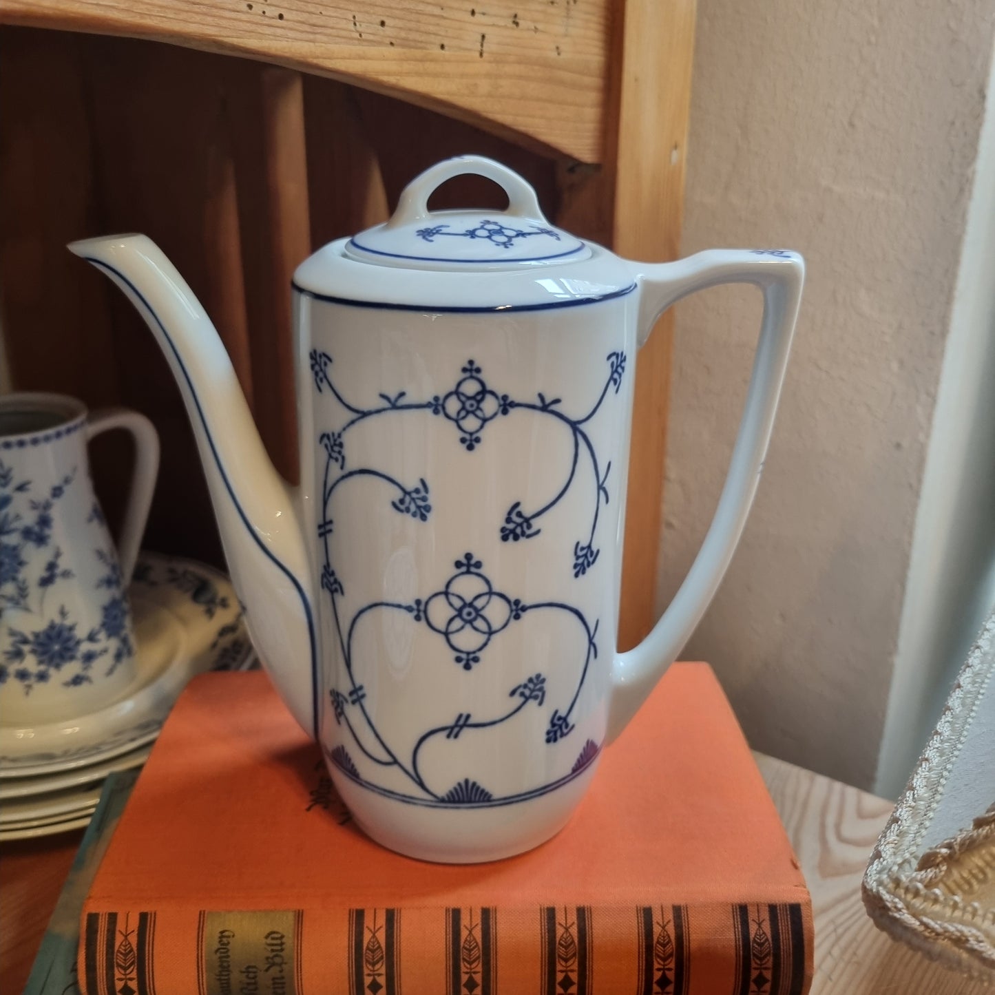 Vintage Jäger Eisenberg Strohblume Kaffeekanne Kanne Tee Vintage blau weiß