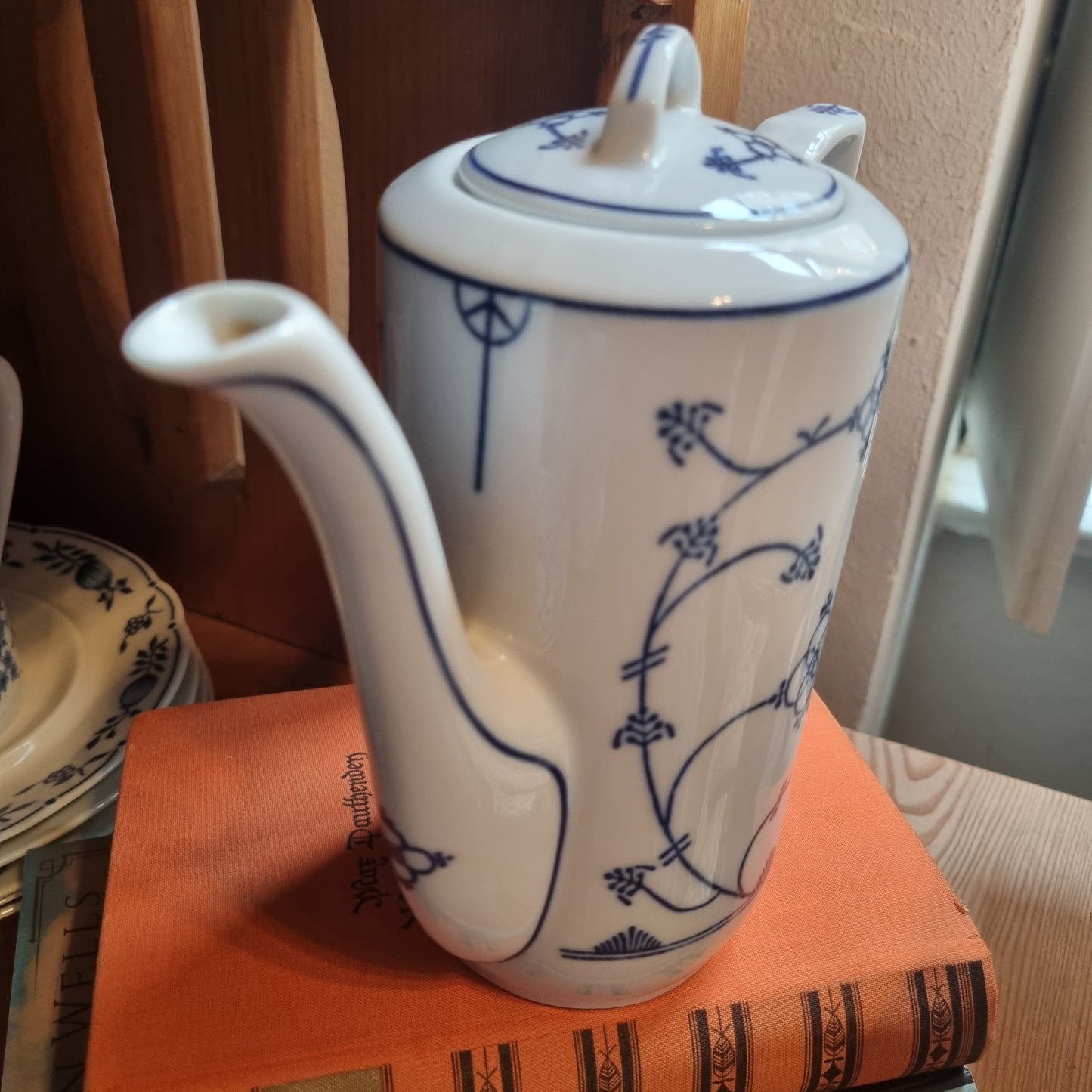 Vintage Jäger Eisenberg Strohblume Kaffeekanne Kanne Tee Vintage blau weiß