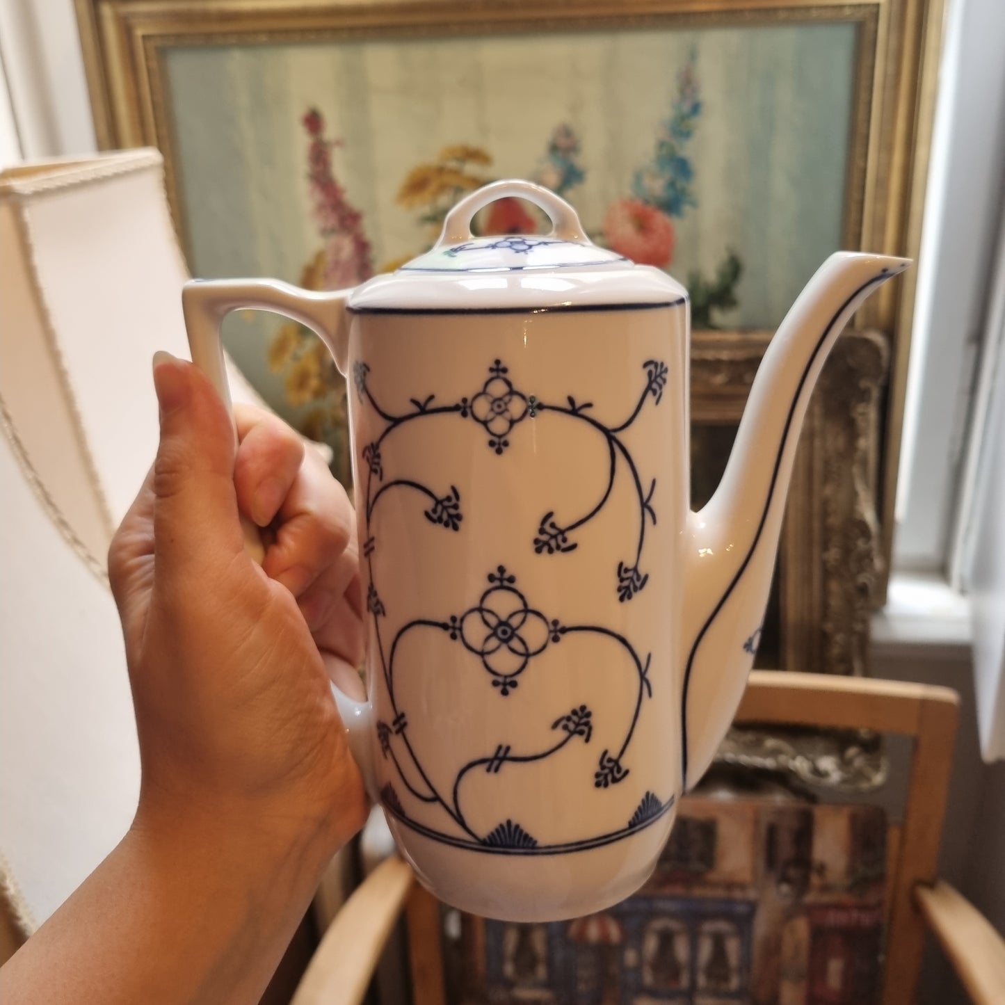 Vintage Jäger Eisenberg Strohblume Kaffeekanne Kanne Tee Vintage blau weiß