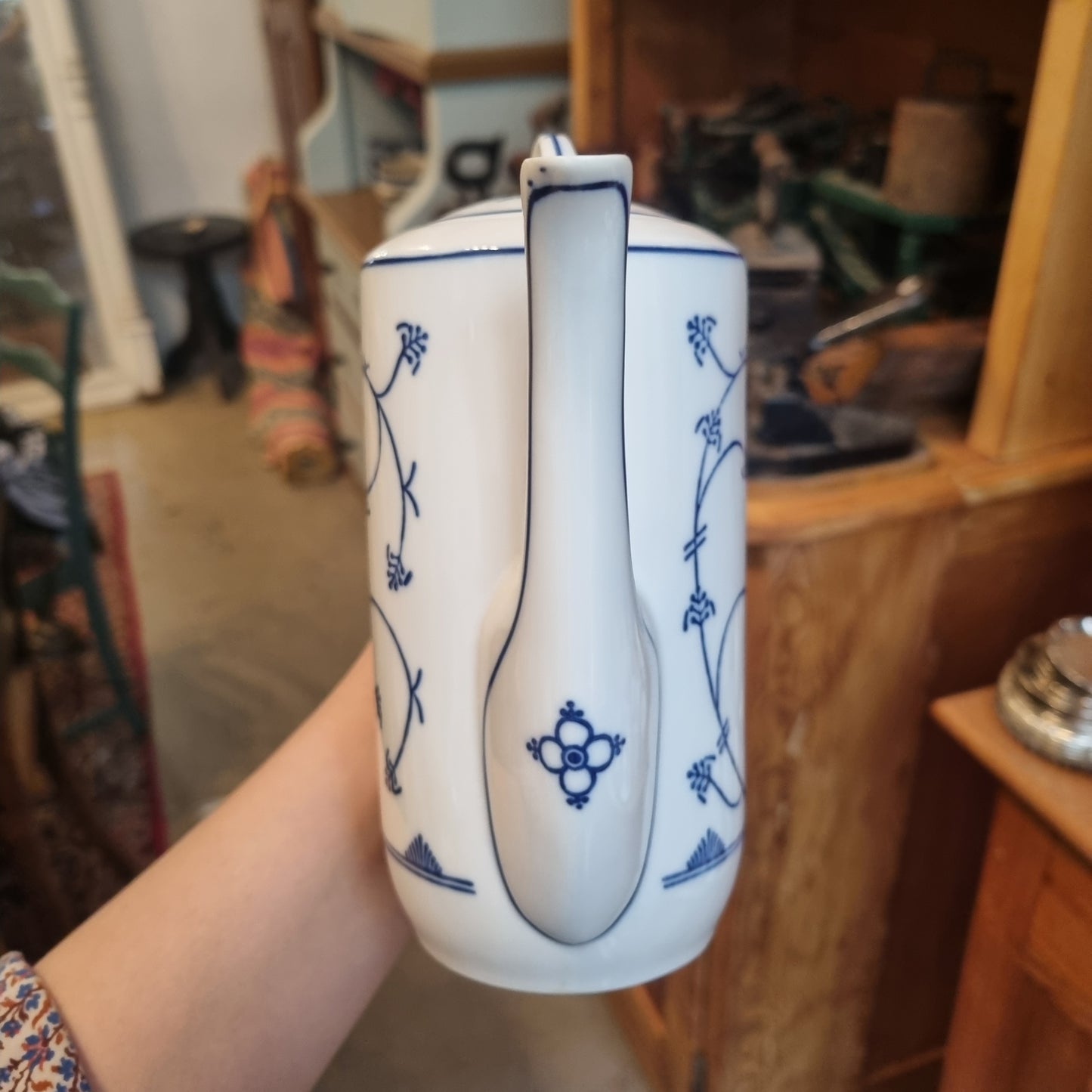 Vintage Jäger Eisenberg Strohblume Kaffeekanne Kanne Tee Vintage blau weiß