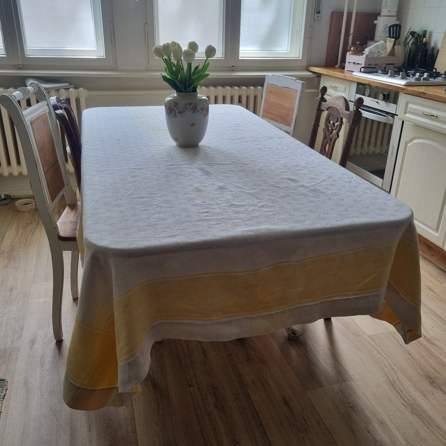 Antike Jugendstil Tischdecke weiß gelb mit Monogramm 150x215cm Landhaus 🤍