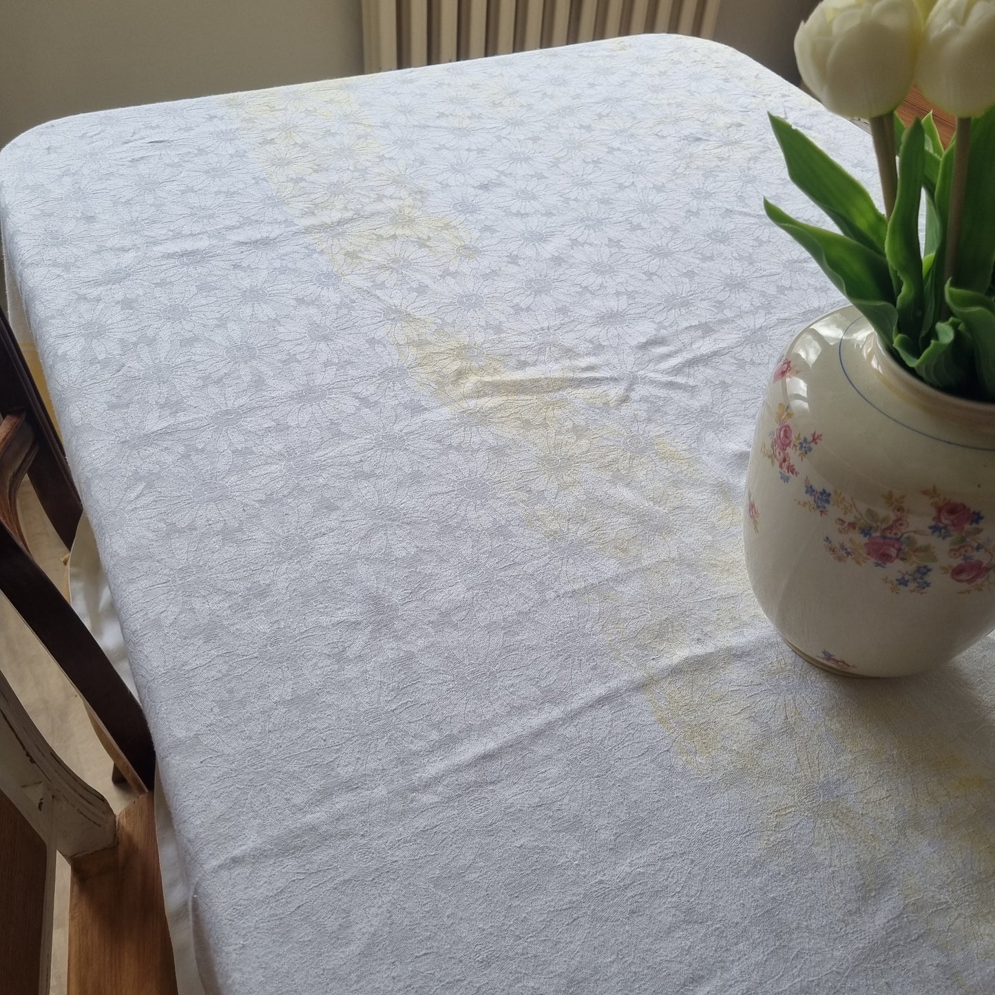 Antike Jugendstil Tischdecke weiß gelb mit Monogramm 150x215cm Landhaus 🤍