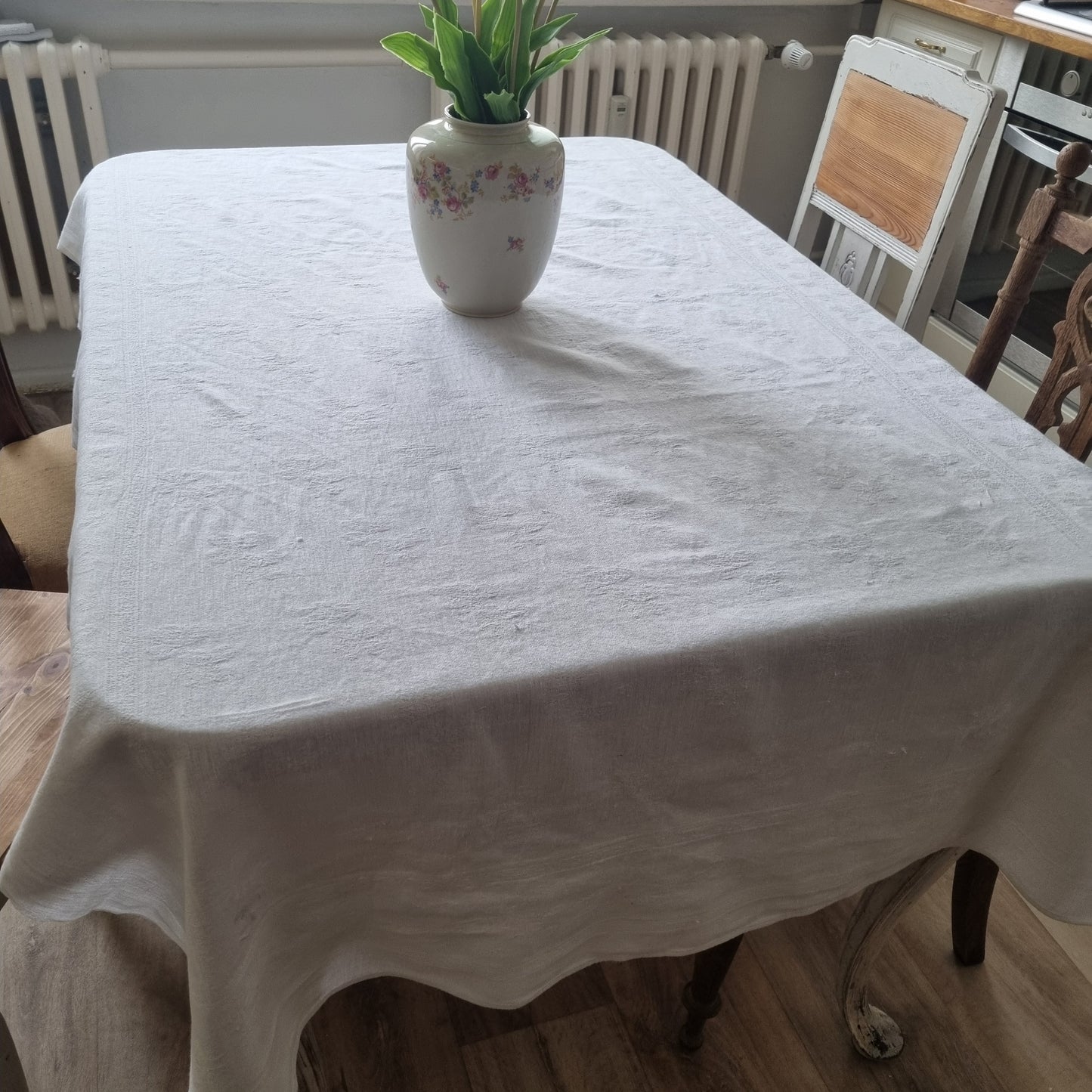 Antike Jugendstil Baumwolle/Leinen Tischdecke 105x190cm Monogramm W.B. cremeweiß 🤍