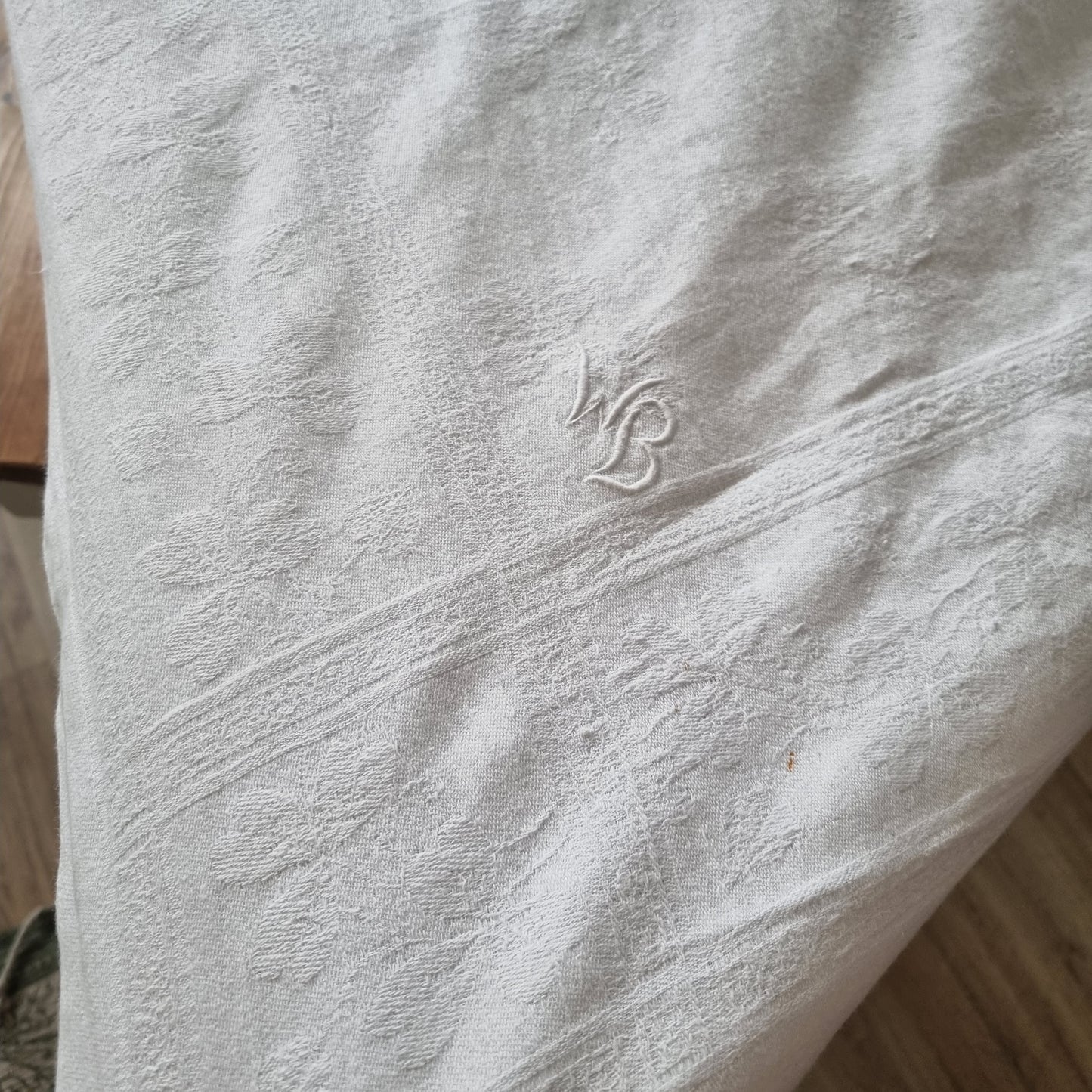 Antike Jugendstil Baumwolle/Leinen Tischdecke 105x190cm Monogramm W.B. cremeweiß 🤍