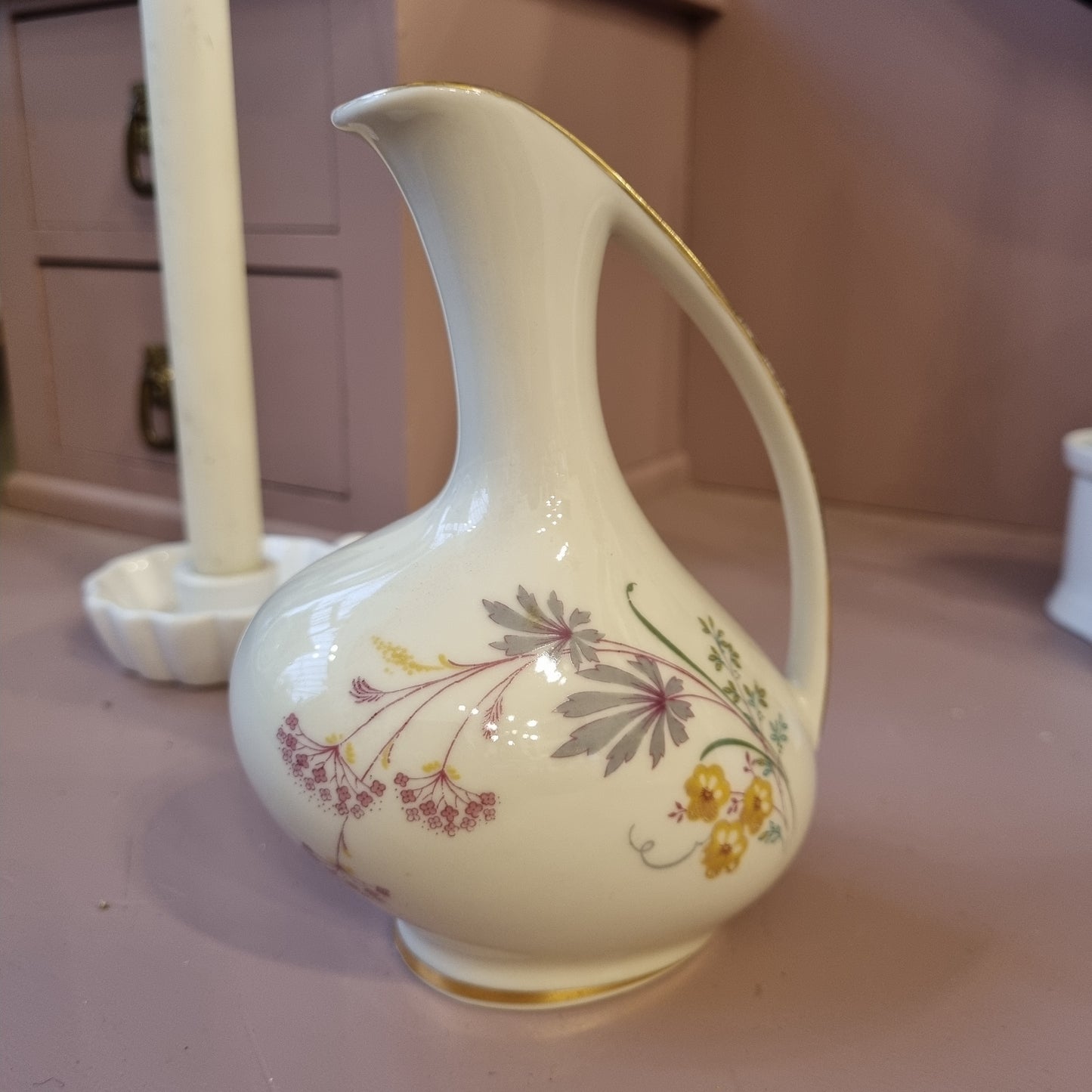 Antike Alka Kunst Bavaria Vase Porzellan 50er Jahre Elfenbeinfarbe mit Blumenmalerei