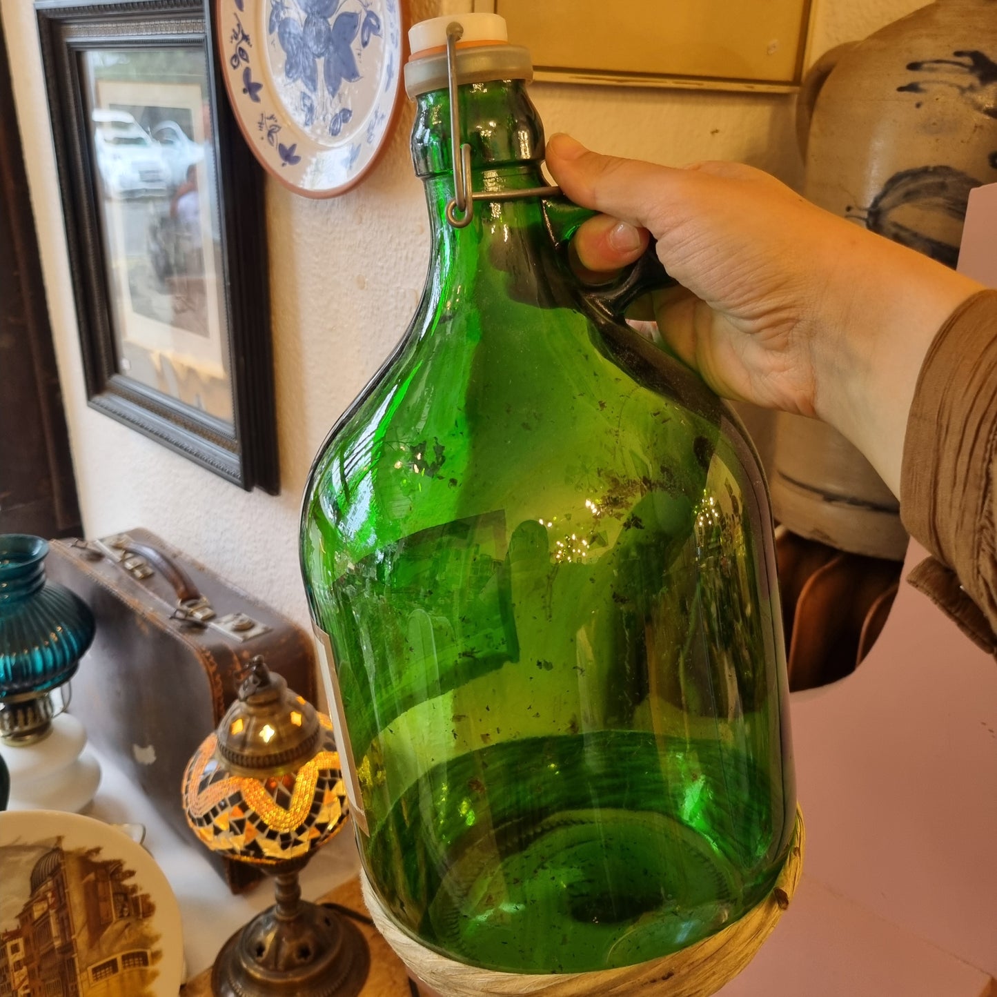 Großer grüner Chanti Weinballon Weide Vintage Dekoration