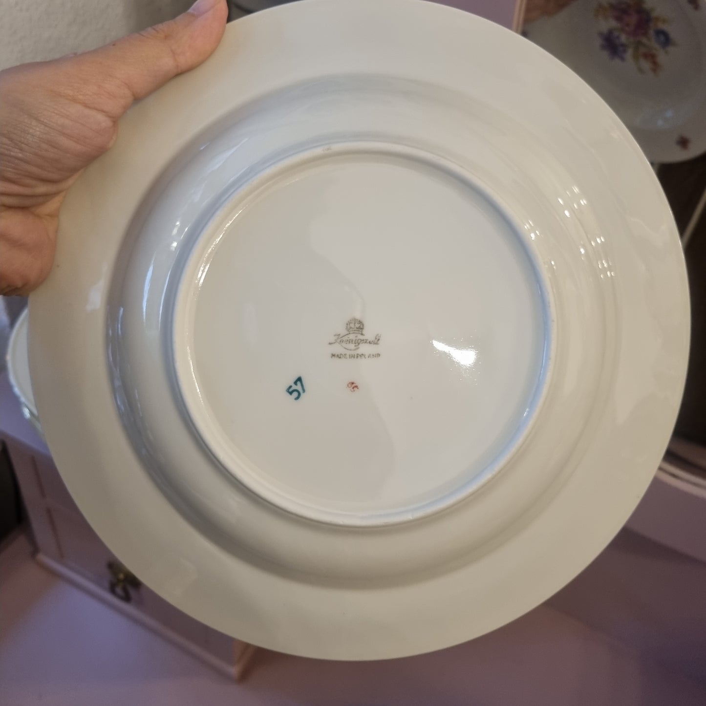 6x Antike Suppenteller Blumendekor weiß Goldrand Koenigszelt Made in Poland