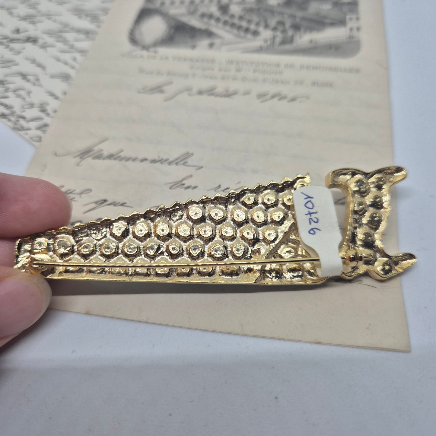 50er Jahre große Antik Brosche Werkzeug Modeschmuck Gold Grün Blau Strasssteine Säge Handwerker