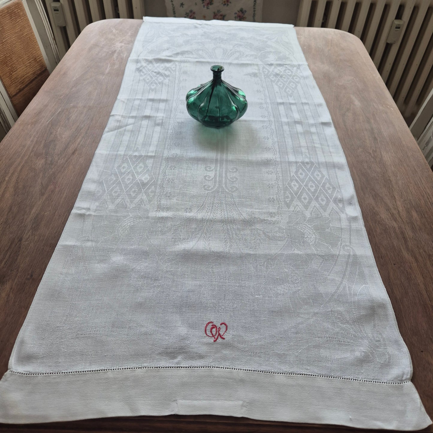 Antikes Jugendstil Küchen- & Geschirrhandtuch weiß Damast Baumwolle 48x122cm Monogramm O.W. 🤍