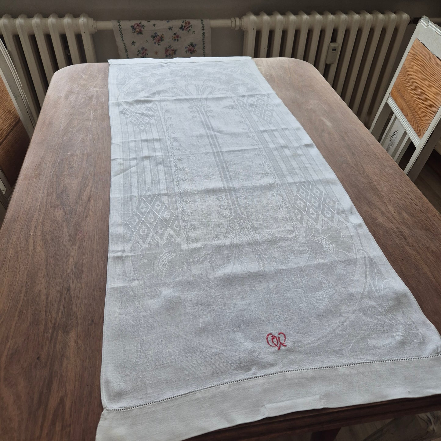 Antikes Jugendstil Küchen- & Geschirrhandtuch weiß Damast Baumwolle 48x122cm Monogramm O.W. 🤍