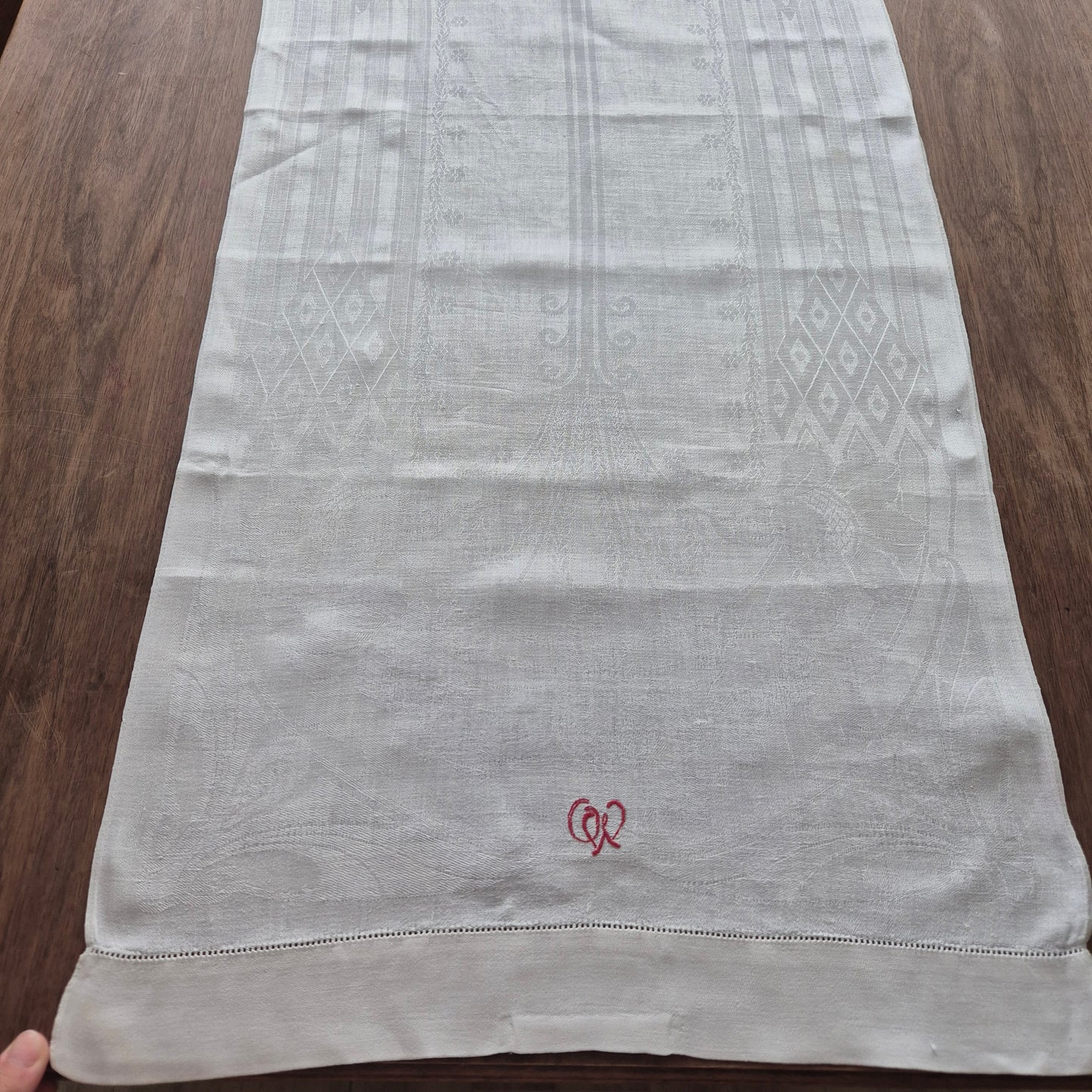 Antikes Jugendstil Küchen- & Geschirrhandtuch weiß Damast Baumwolle 48x122cm Monogramm O.W. 🤍
