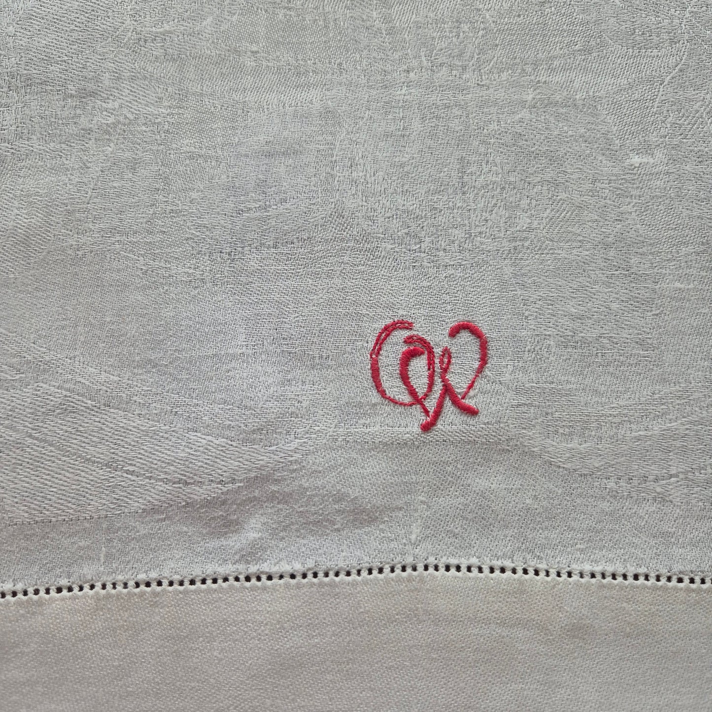 Antikes Jugendstil Küchen- & Geschirrhandtuch weiß Damast Baumwolle 48x122cm Monogramm O.W. 🤍