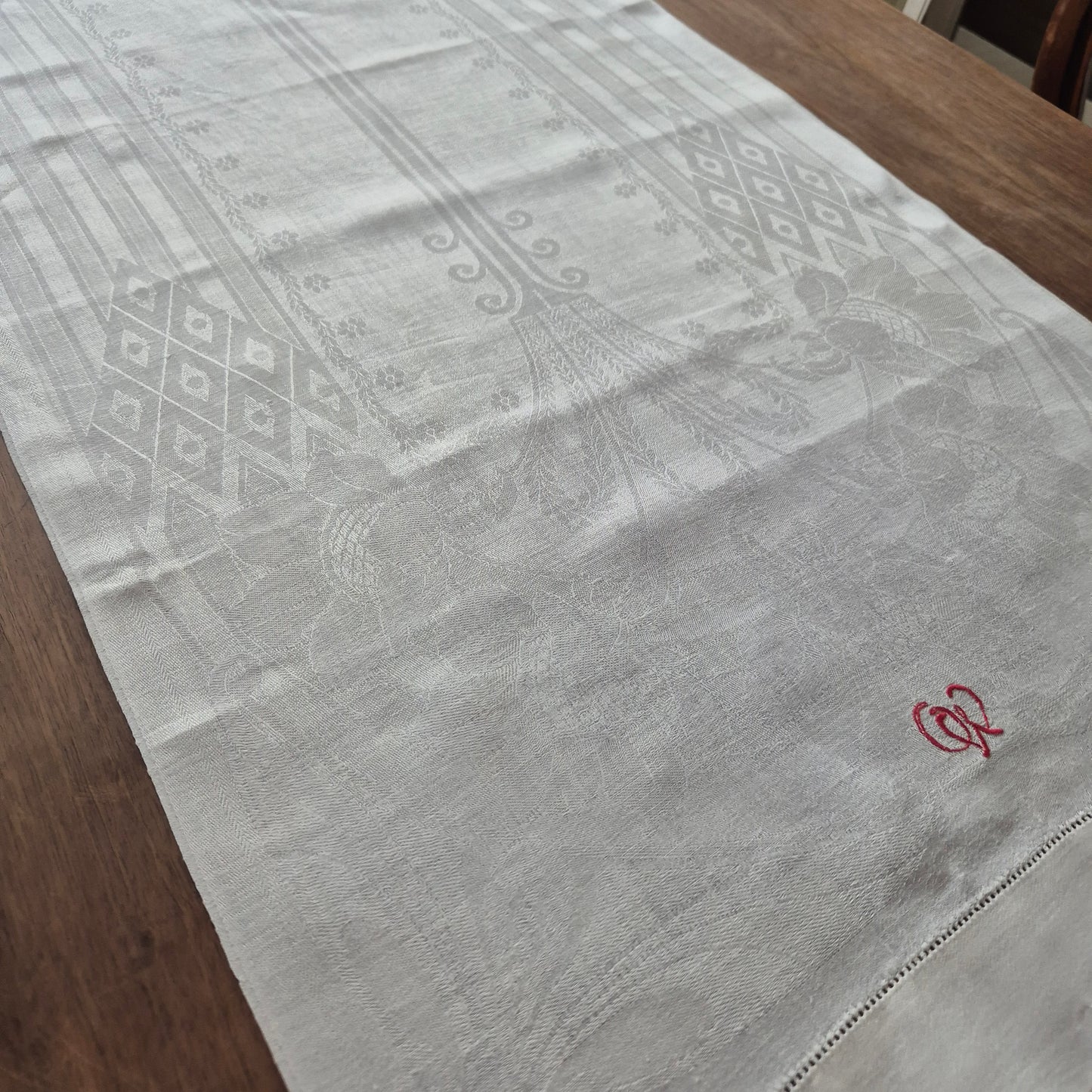 Antikes Jugendstil Küchen- & Geschirrhandtuch weiß Damast Baumwolle 48x122cm Monogramm O.W. 🤍