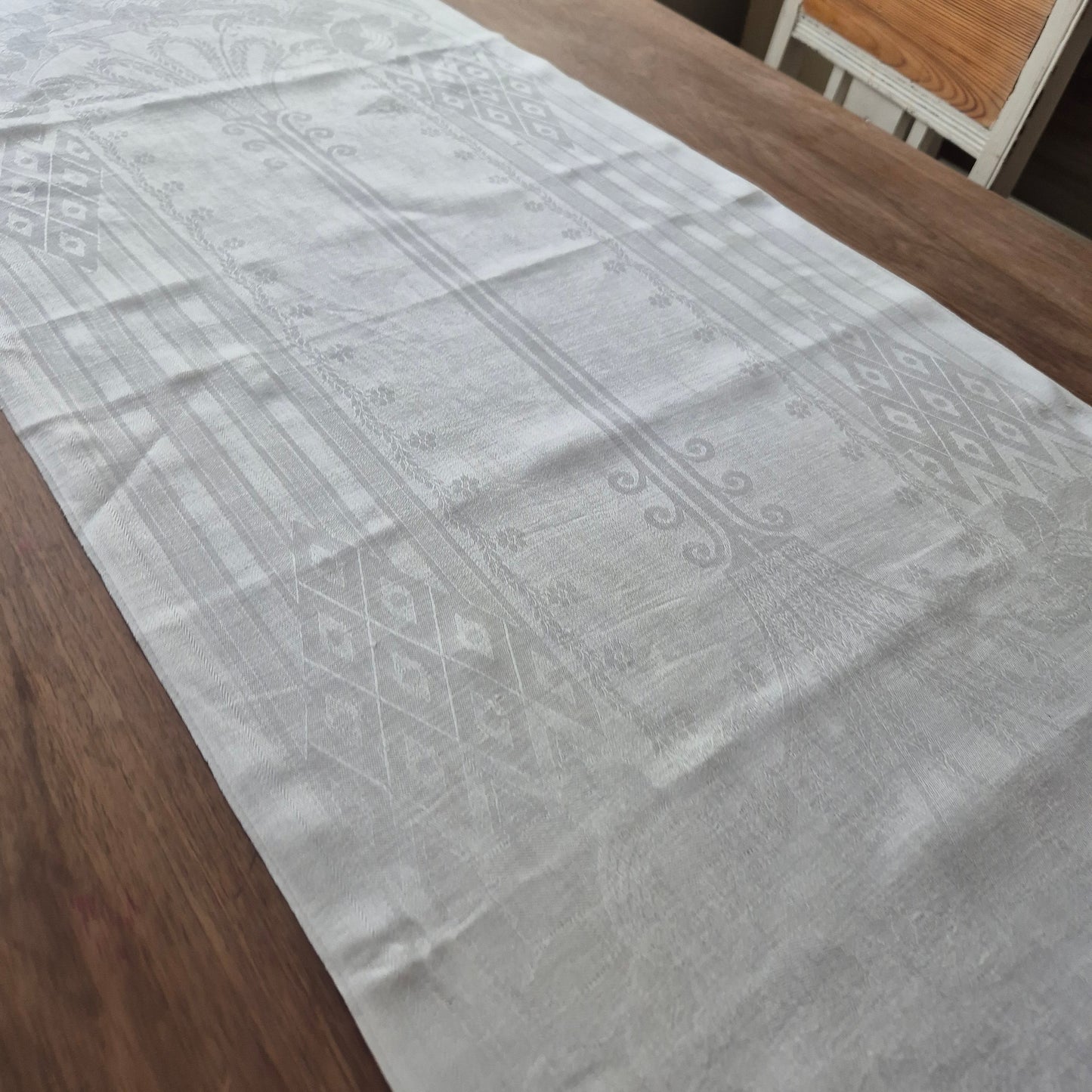 Antikes Jugendstil Küchen- & Geschirrhandtuch weiß Damast Baumwolle 48x122cm Monogramm O.W. 🤍
