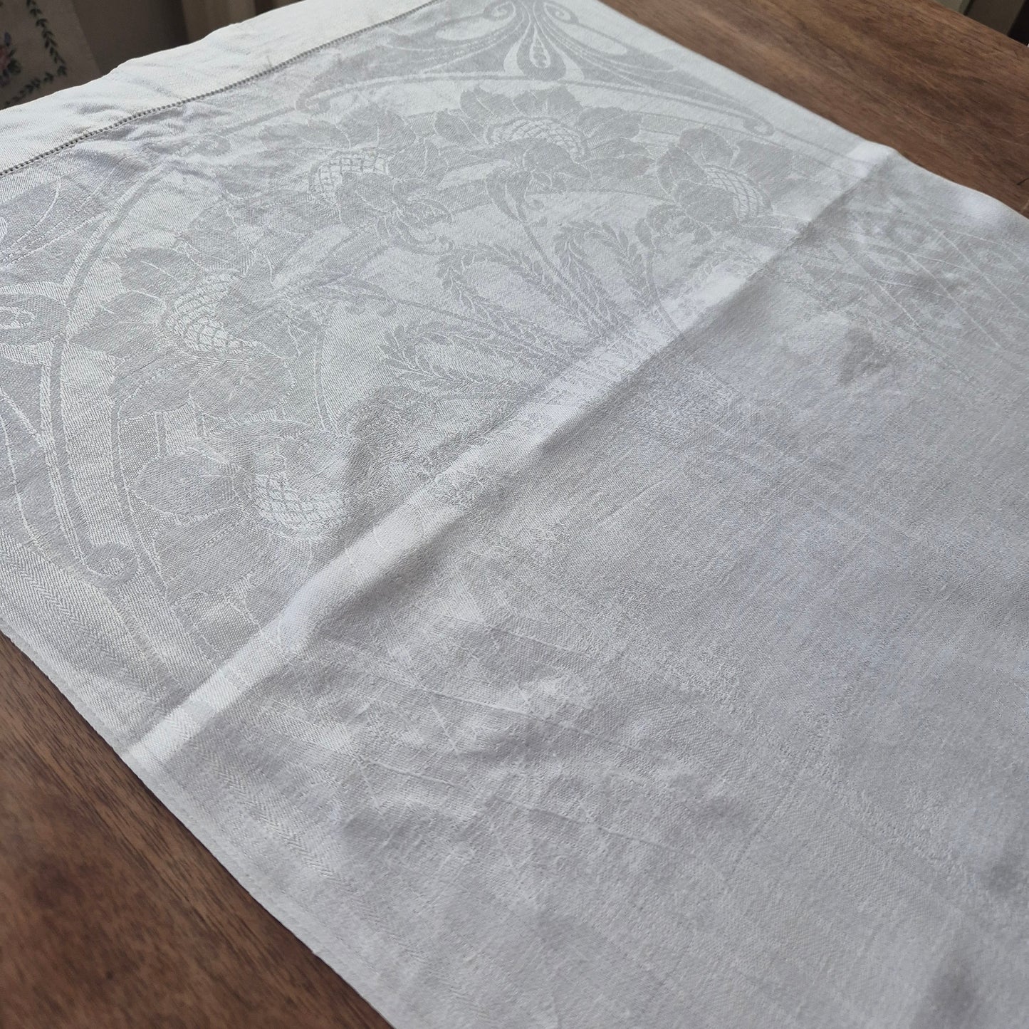 Antikes Jugendstil Küchen- & Geschirrhandtuch weiß Damast Baumwolle 48x122cm Monogramm O.W. 🤍