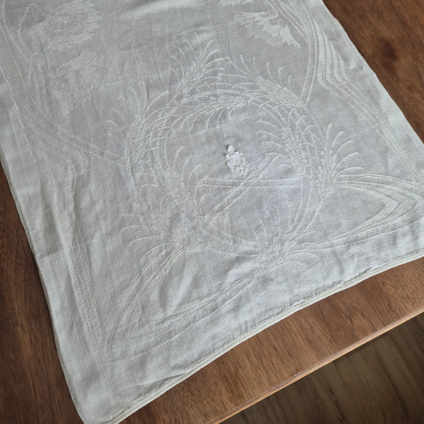 Antikes Jugendstil Küchen- & Geschirrtuch weiß Damast Baumwolle 48x108cm Monogramm F.H.🤍