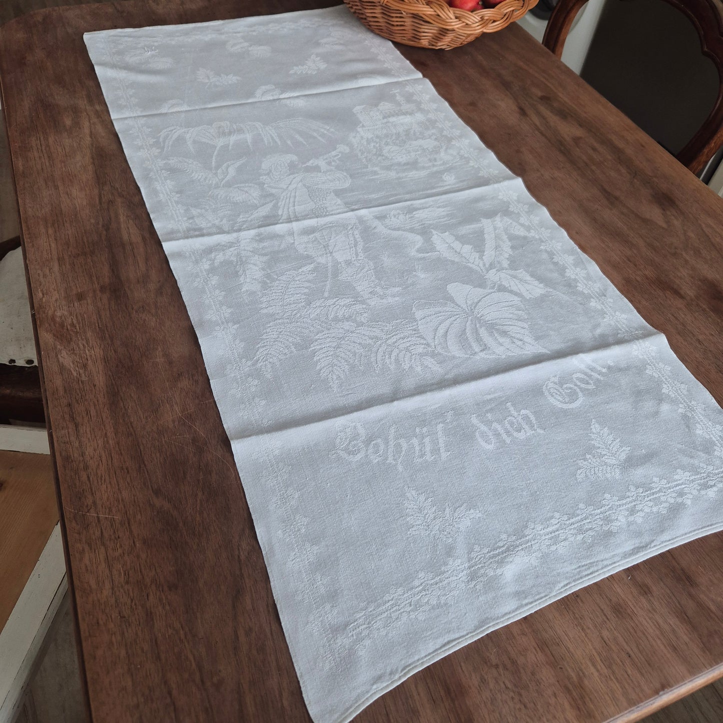 2x Antike Jugendstil Küchen- & Geschirrtücher mit Spruch: Behüt dich Gott! weiß Damast Baumwolle 46x100cm Monogramm L.N. 🤍