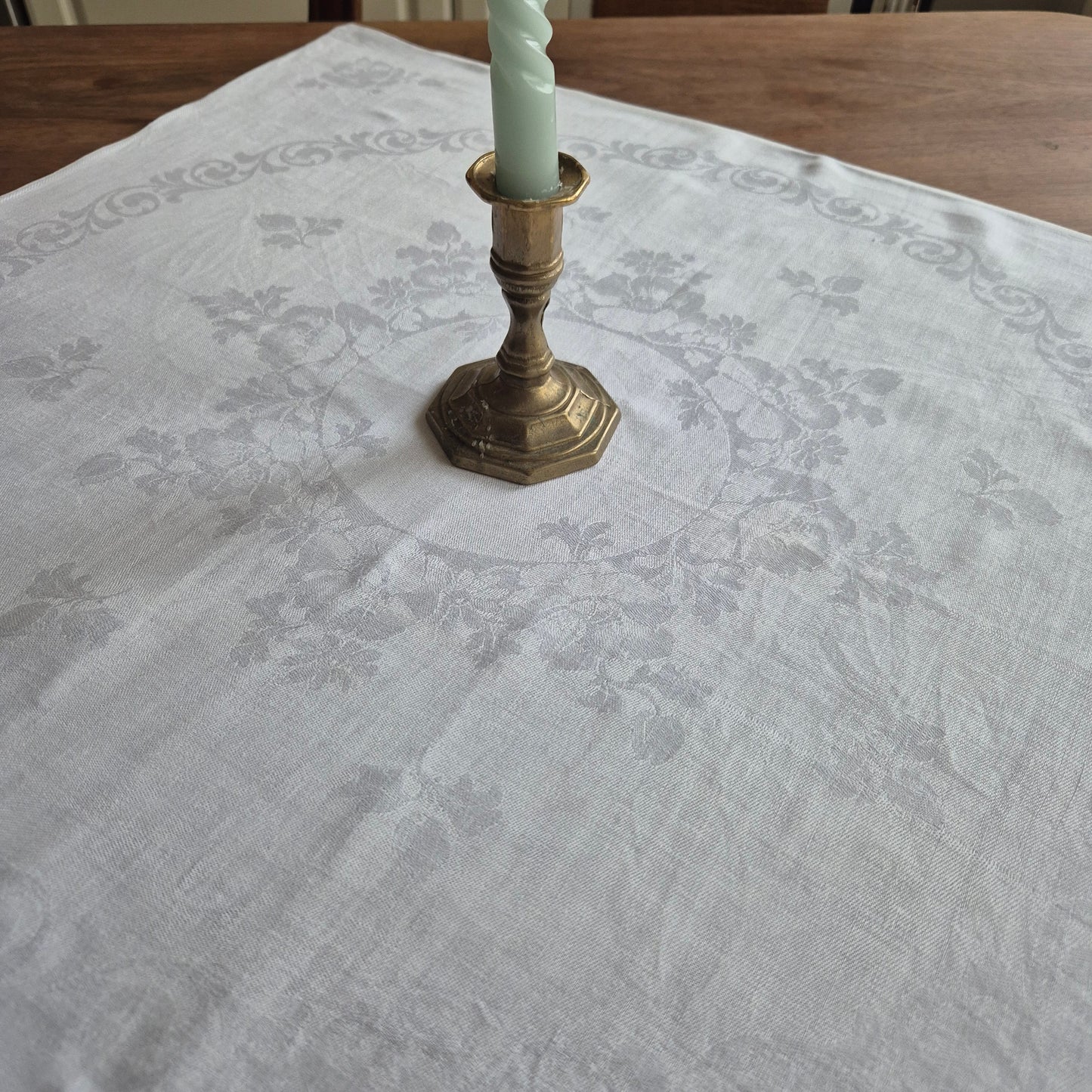 Antike Mitteldecke Tischdecke quadratisch weiß Damast Baumwolle 60x60cm Monogramm R.B.