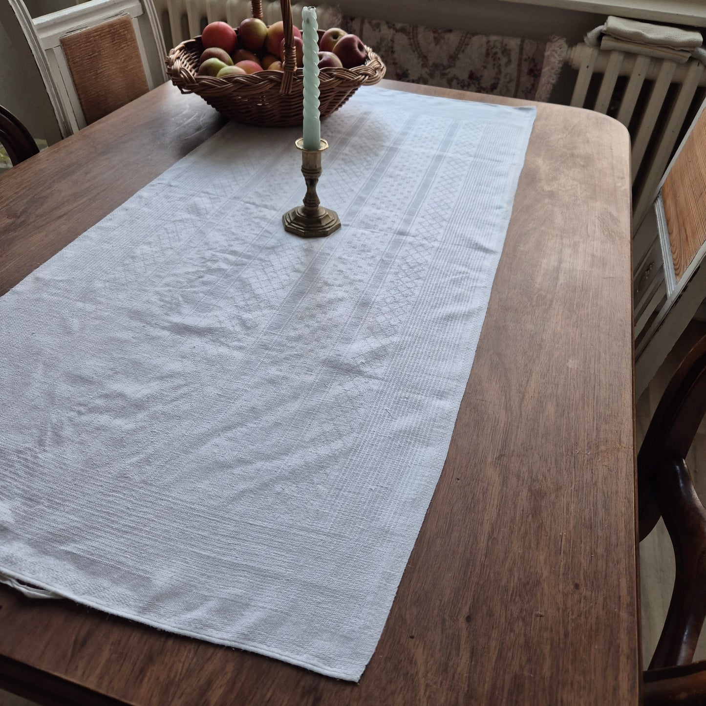 Antikes Jugendstil Küchen- & Geschirrtuch weiß Damast Baumwolle 48x108cm 🤍