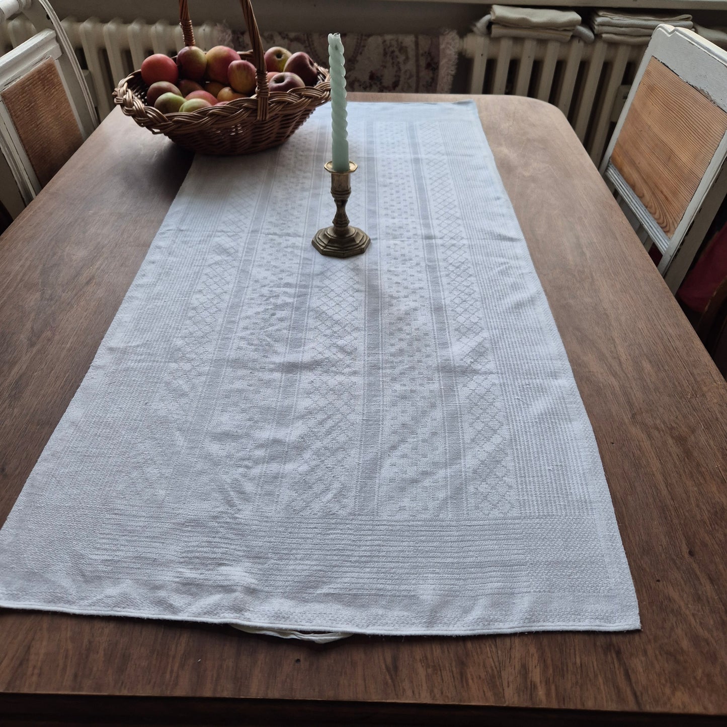 Antikes Jugendstil Küchen- & Geschirrtuch weiß Damast Baumwolle 48x108cm 🤍