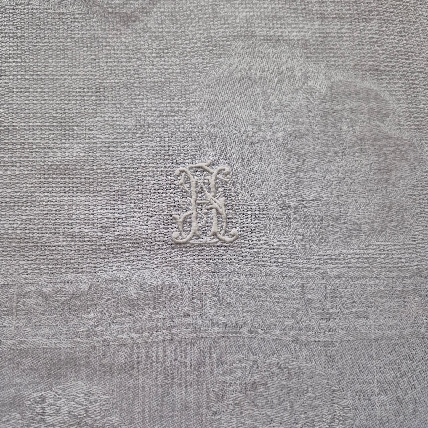 Antikes Jugendstil Küchen- & Geschirrhandtuch weiß Damast Baumwolle 57x125cm Monogramm H.S. 🤍